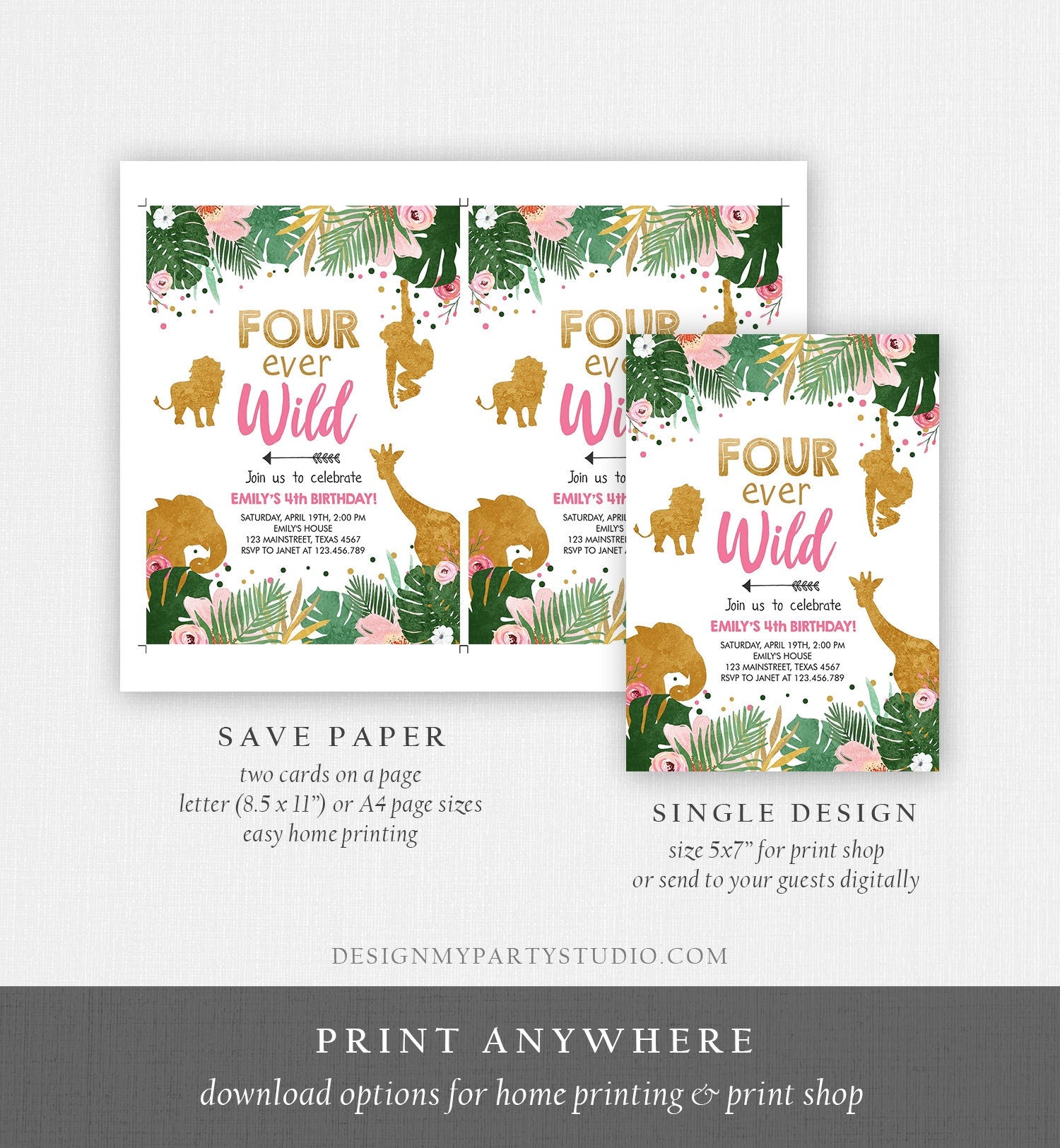 Editable Four ever Wild Birthday Invitation Safari Animals Jungle Zoo Gold Girl Pink 4th Birthday Party Animals Printable Template 0016