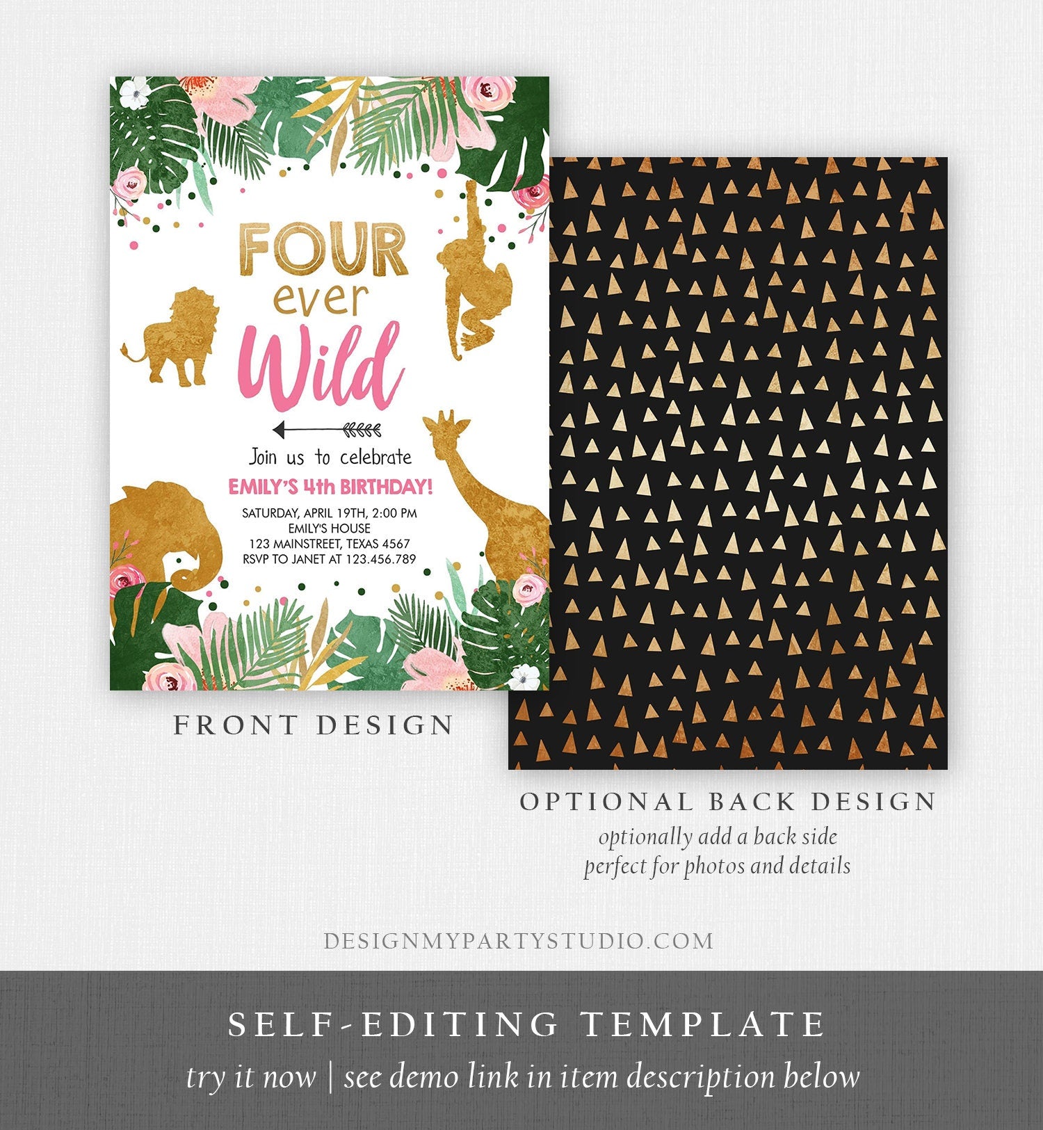 Editable Four ever Wild Birthday Invitation Safari Animals Jungle Zoo Gold Girl Pink 4th Birthday Party Animals Printable Template 0016