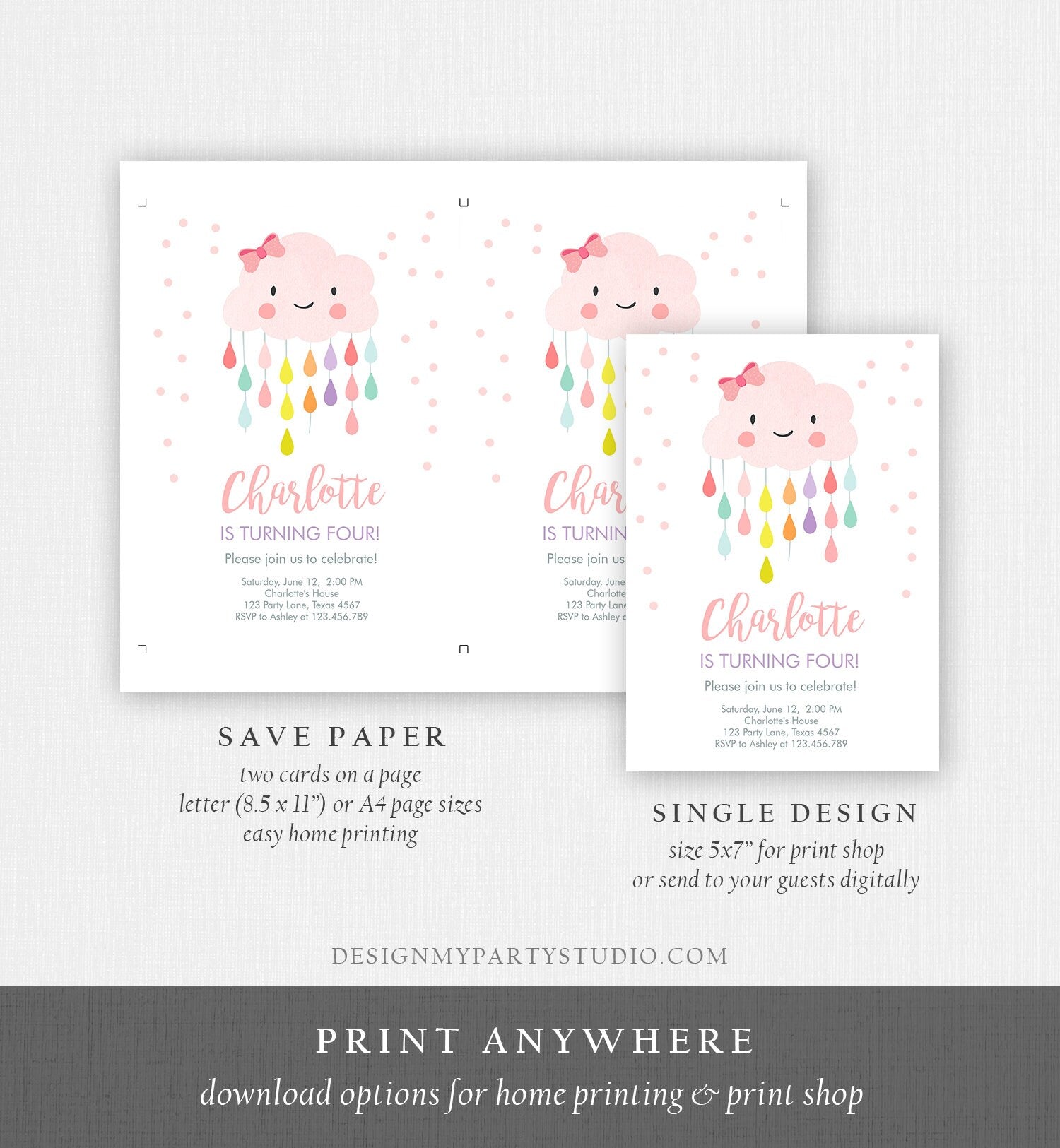 Editable Cloud Birthday Invitation Girl Raindrop Rainbow Cute Pink Cloud Drops Bow Confetti Digital Download Evite Template Printable 0036