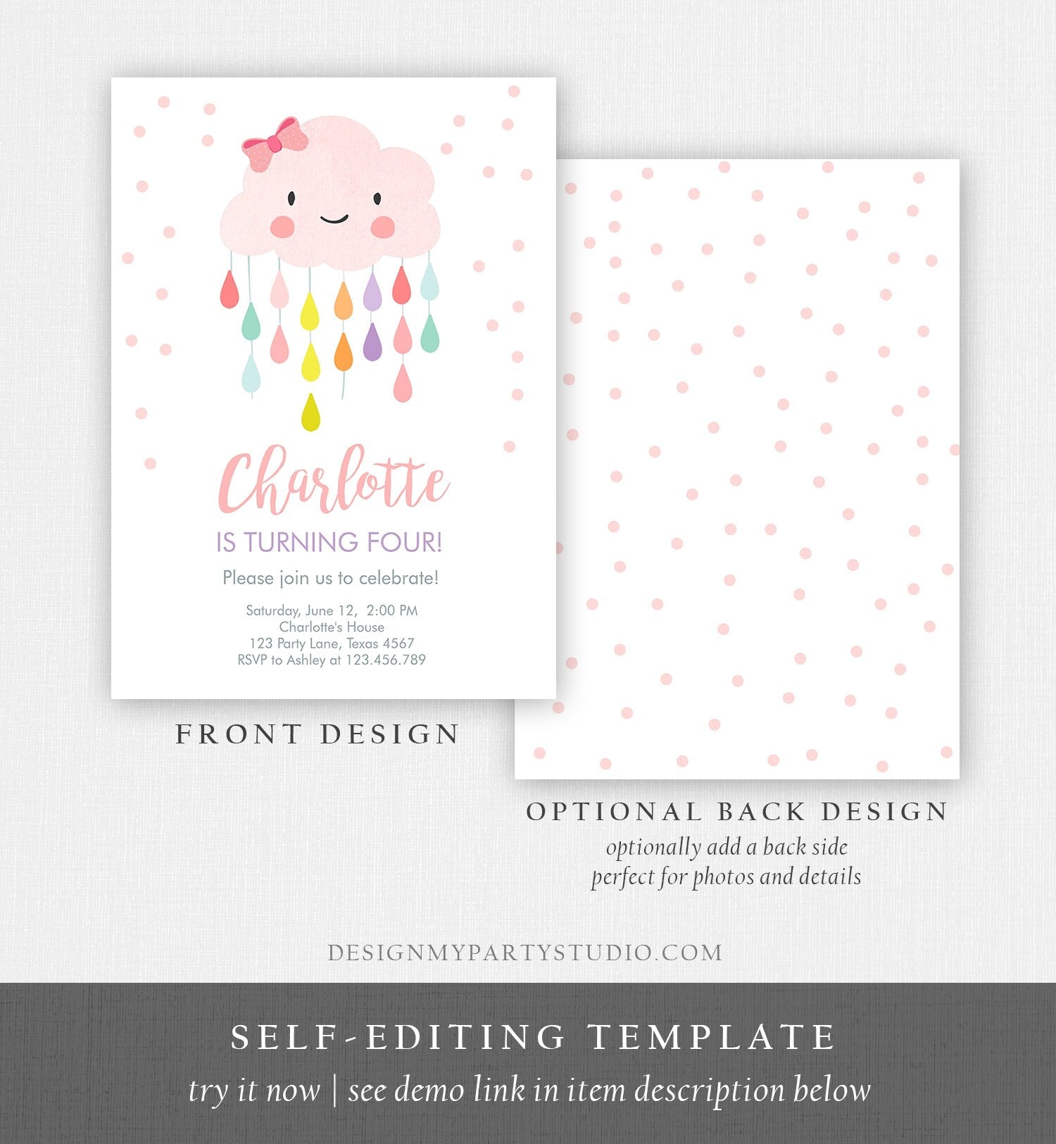 Editable Cloud Birthday Invitation Girl Raindrop Rainbow Cute Pink Cloud Drops Bow Confetti Digital Download Evite Template Printable 0036