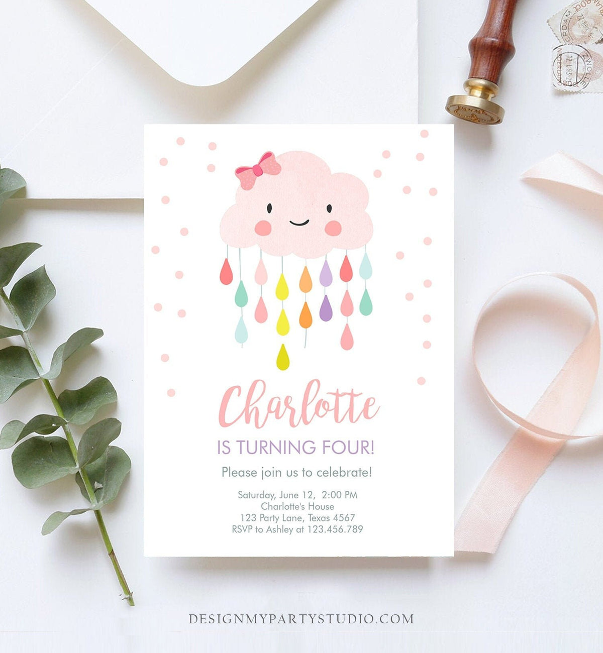 Editable Cloud Birthday Invitation Girl Raindrop Rainbow Cute Pink Cloud Drops Bow Confetti Digital Download Evite Template Printable 0036