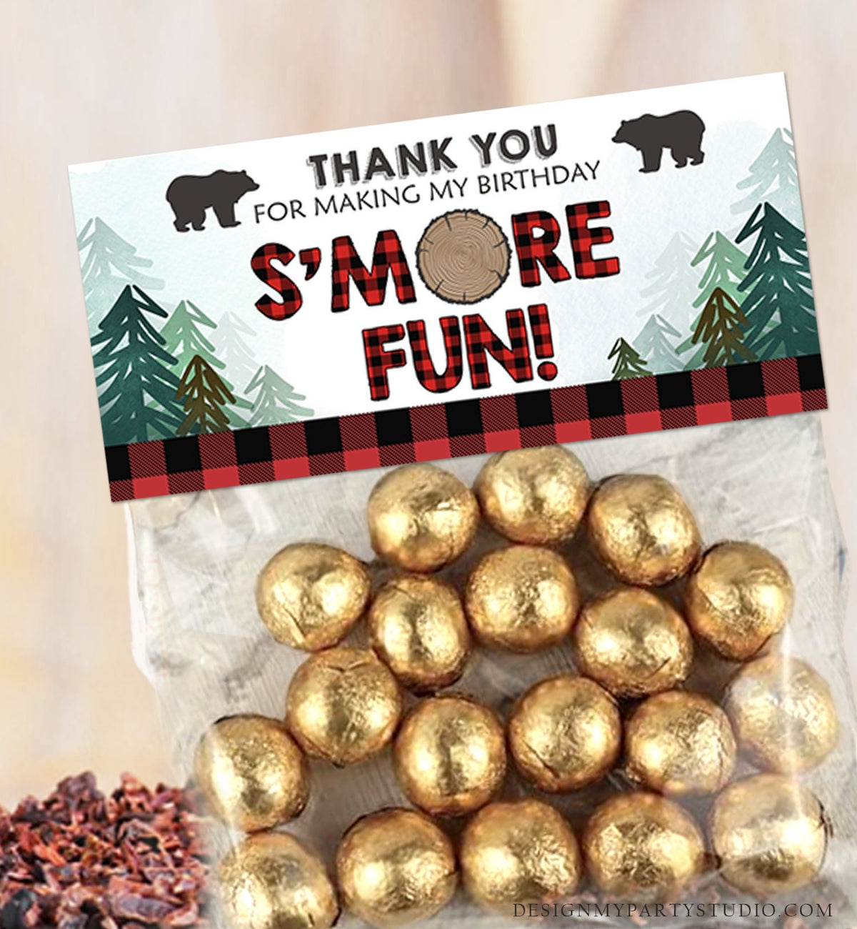 Editable Lumberjack Treat Bag Toppers Smore Fun Birthday Party Wild One First Birthday Baby Shower S&#39;more Digital Corjl Template 0377