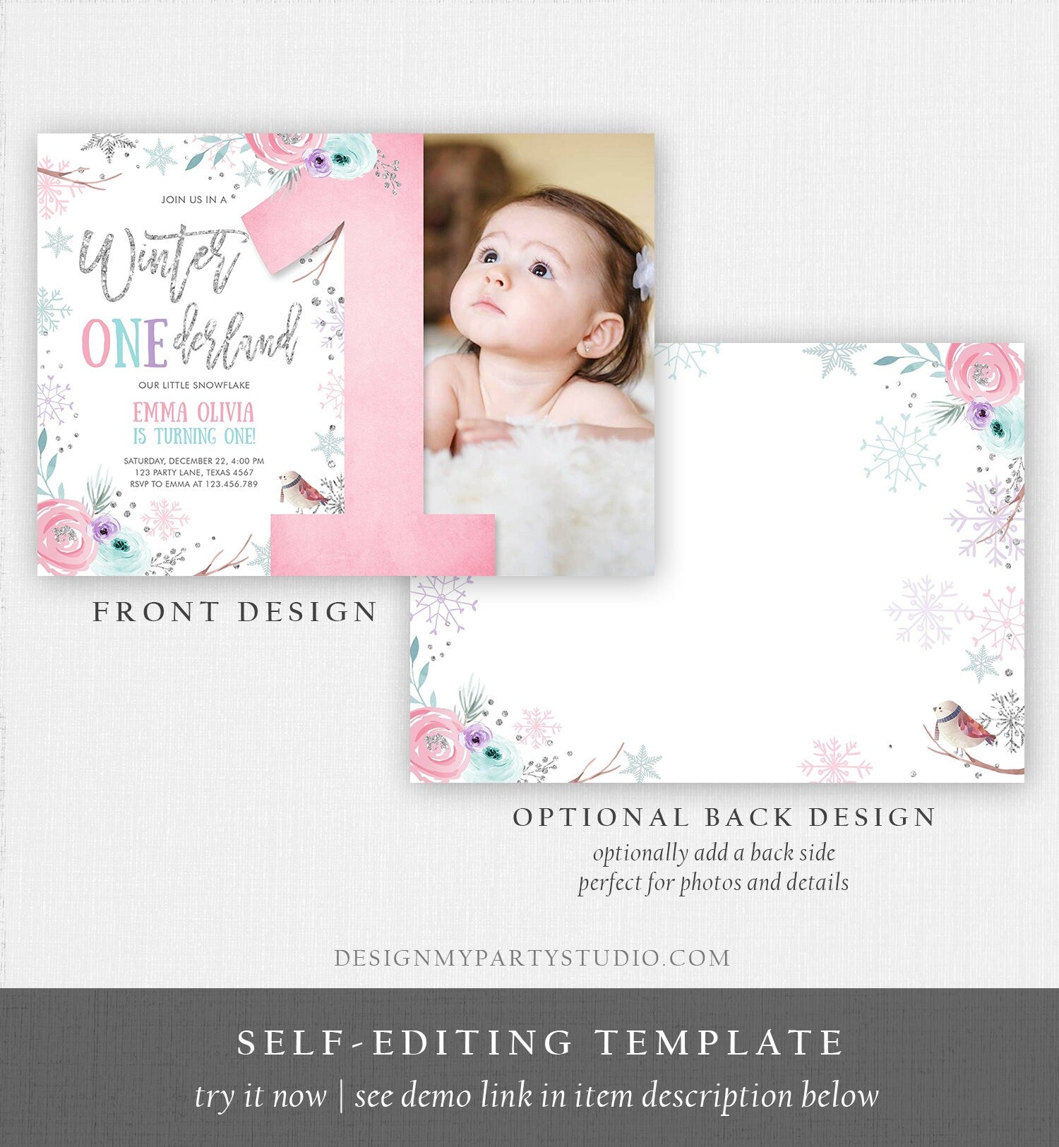 Editable Winter ONEderland Birthday Invitation First Birthday Snowflake Pink Silver Purple Floral Printable Invitation Template Corjl 0256