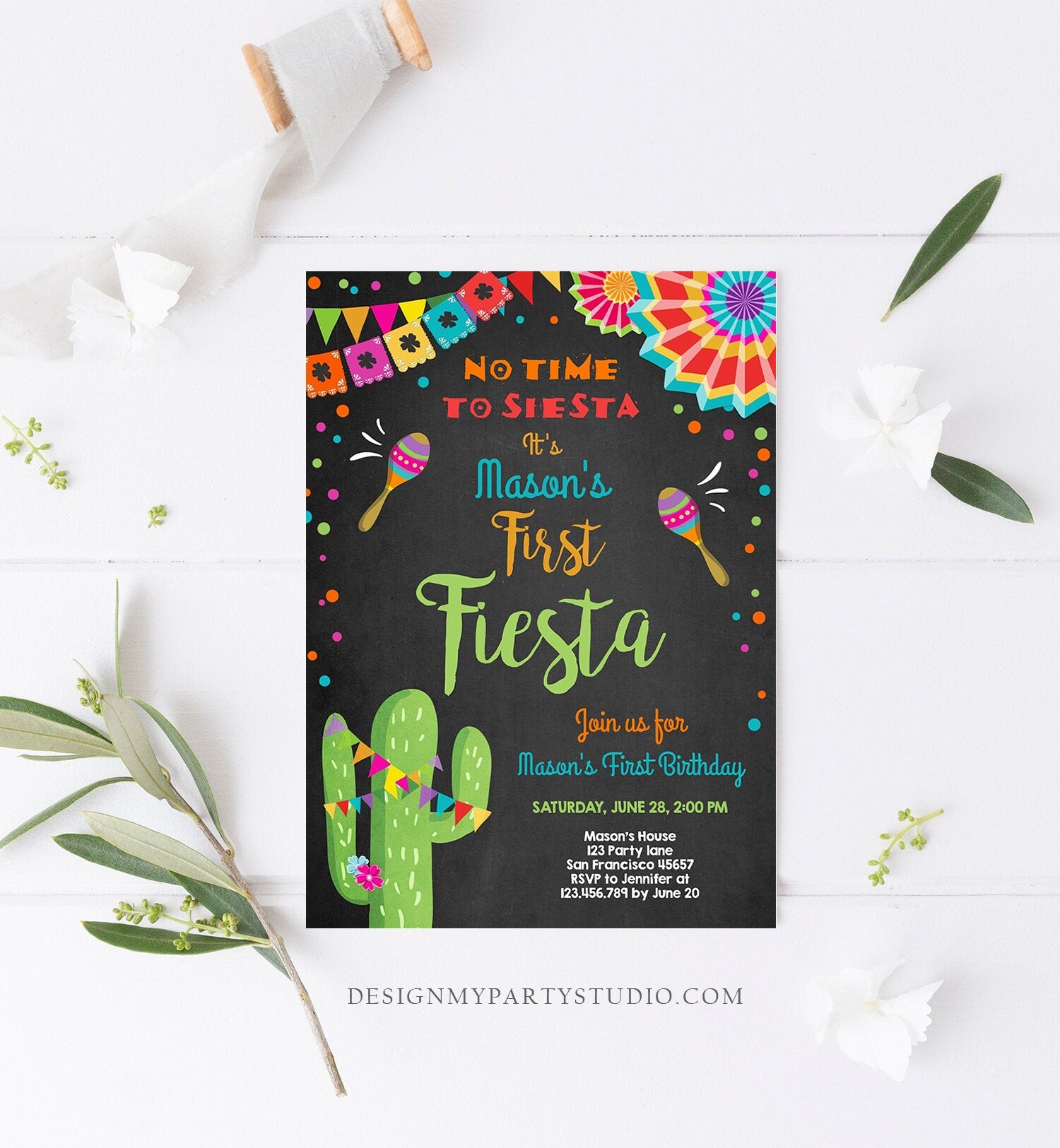 Editable First Fiesta Birthday Invitation Let&#39;s Fiesta No Time To Siesta Cactus Mexican Boy Samba Download Corjl Template Printable 0045