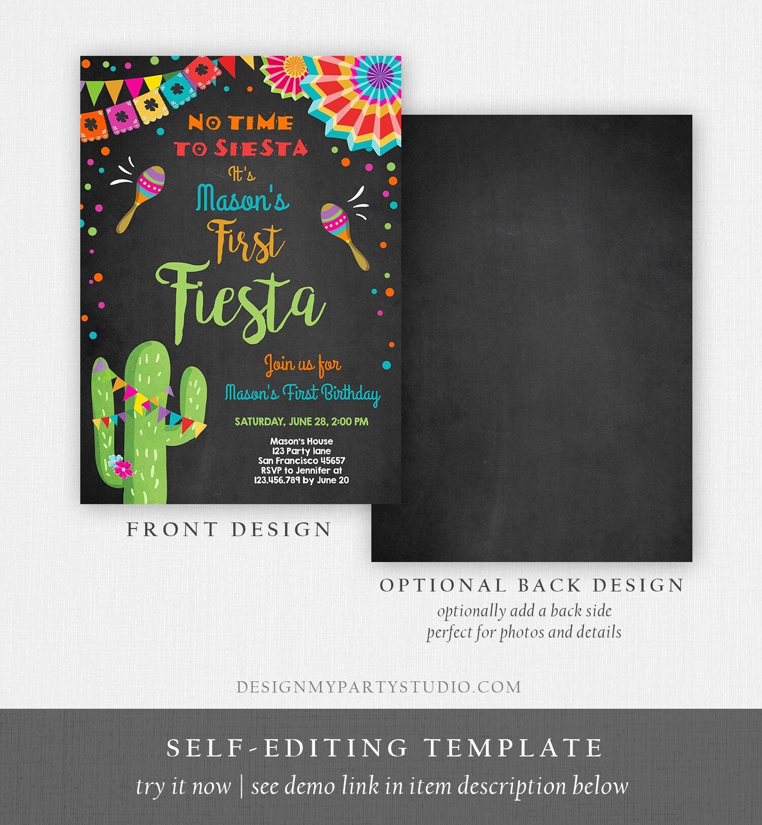 Editable First Fiesta Birthday Invitation Let's Fiesta No Time To Siesta Cactus Mexican Boy Samba Download Corjl Template Printable 0045