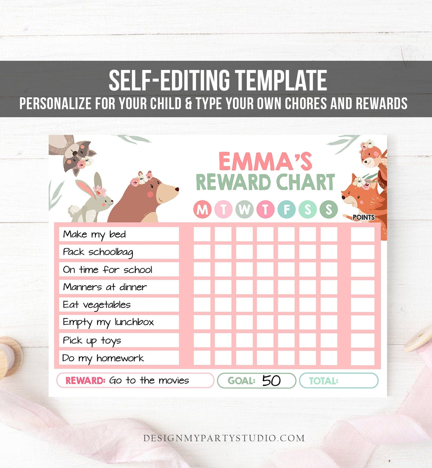 Editable Woodland Animals Reward Chart Chore Chart for Kids Routine Chart Pink Girl Fillable Chore Chart Printable Corjl Template 0222