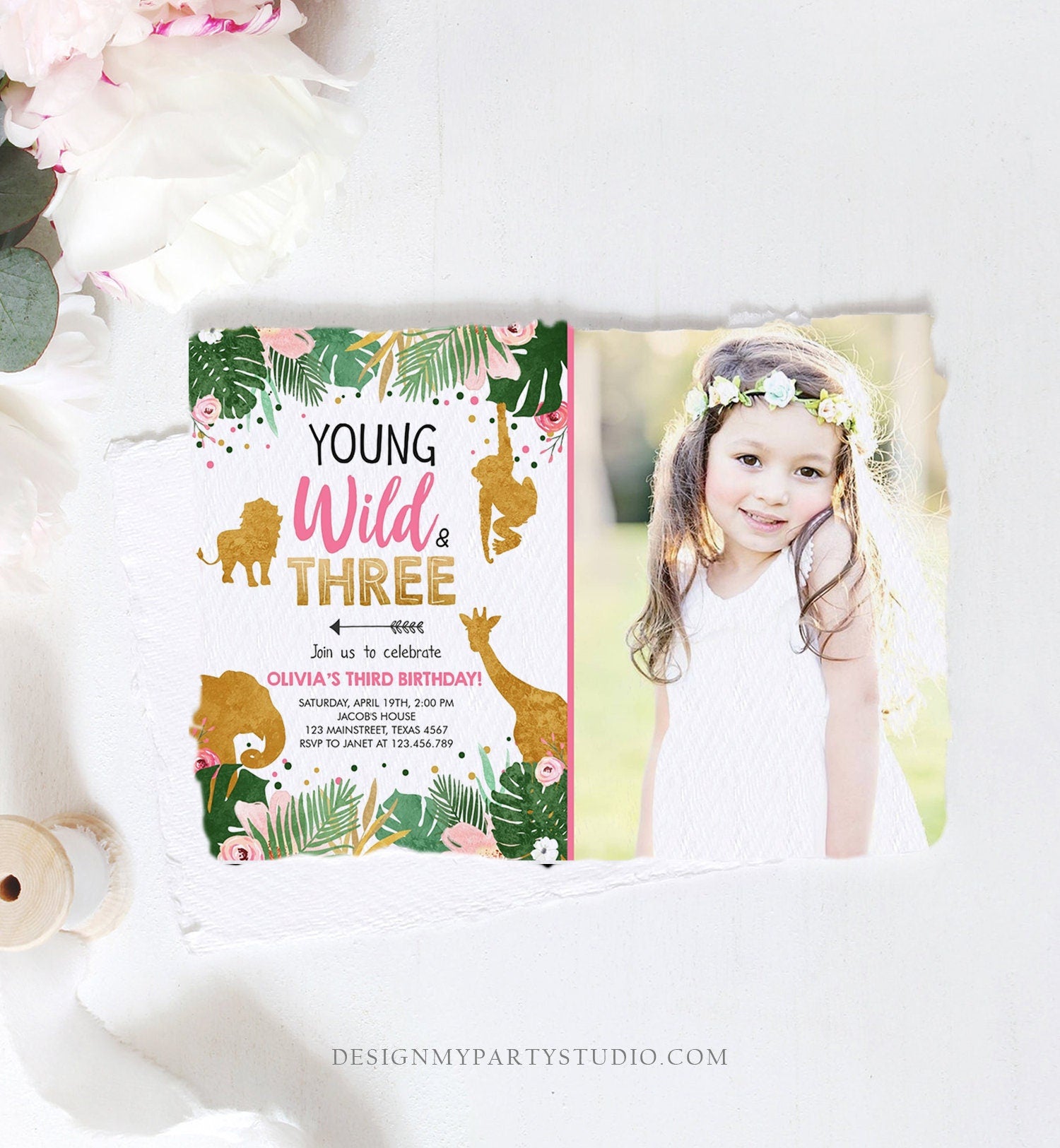 Editable Young Wild and Three Birthday Invitation Girl Safari Animals Party Animals Zoo Digital Download Evite Template Printable 0016