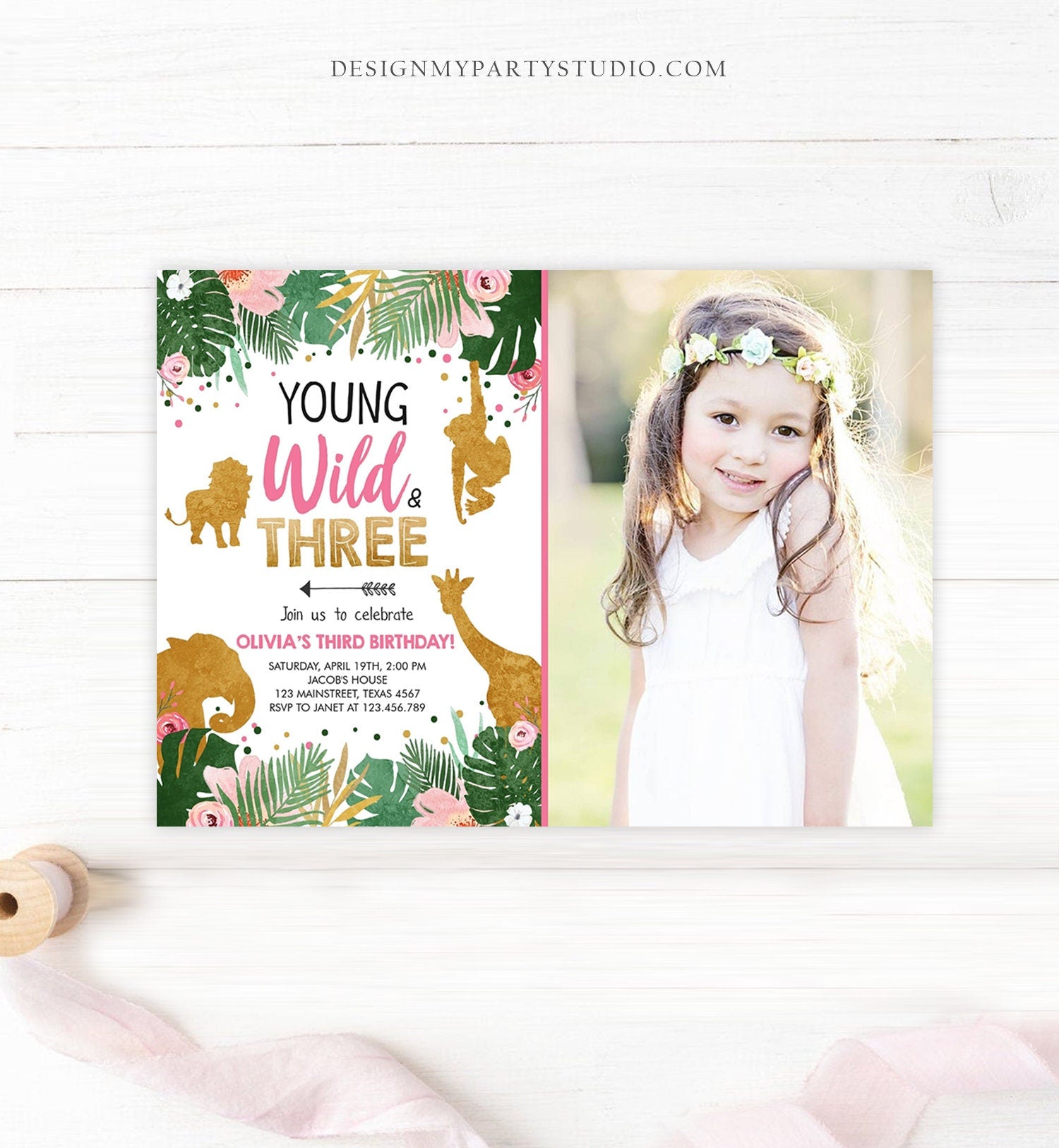 Editable Young Wild and Three Birthday Invitation Girl Safari Animals Party Animals Zoo Digital Download Evite Template Printable 0016