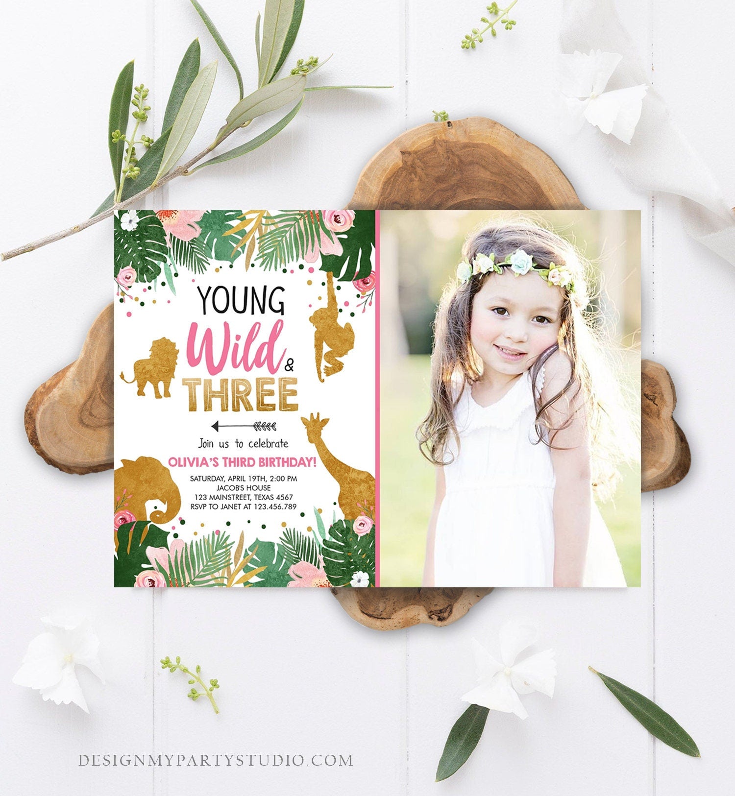 Editable Young Wild and Three Birthday Invitation Girl Safari Animals Party Animals Zoo Digital Download Evite Template Printable 0016