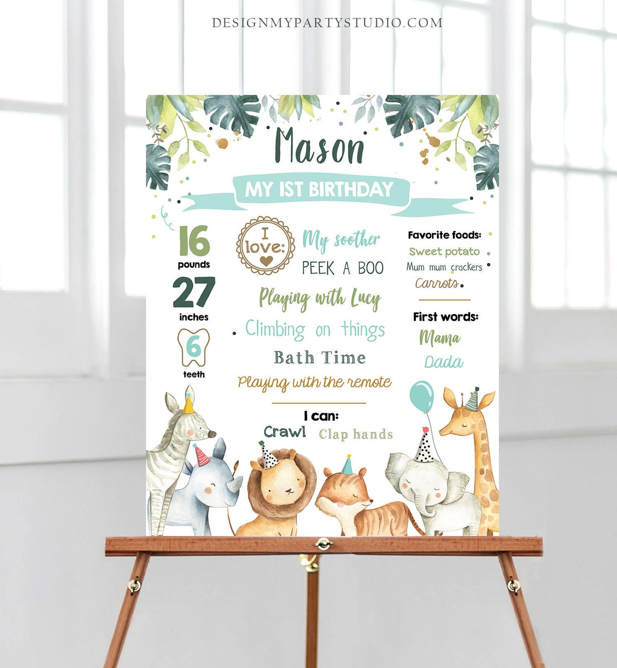 Editable Safari Animals Birthday Milestones Sign Green and Gold Boy Birthday Zoo Jungle 1st Birthday Download Template Printable Corjl 0163