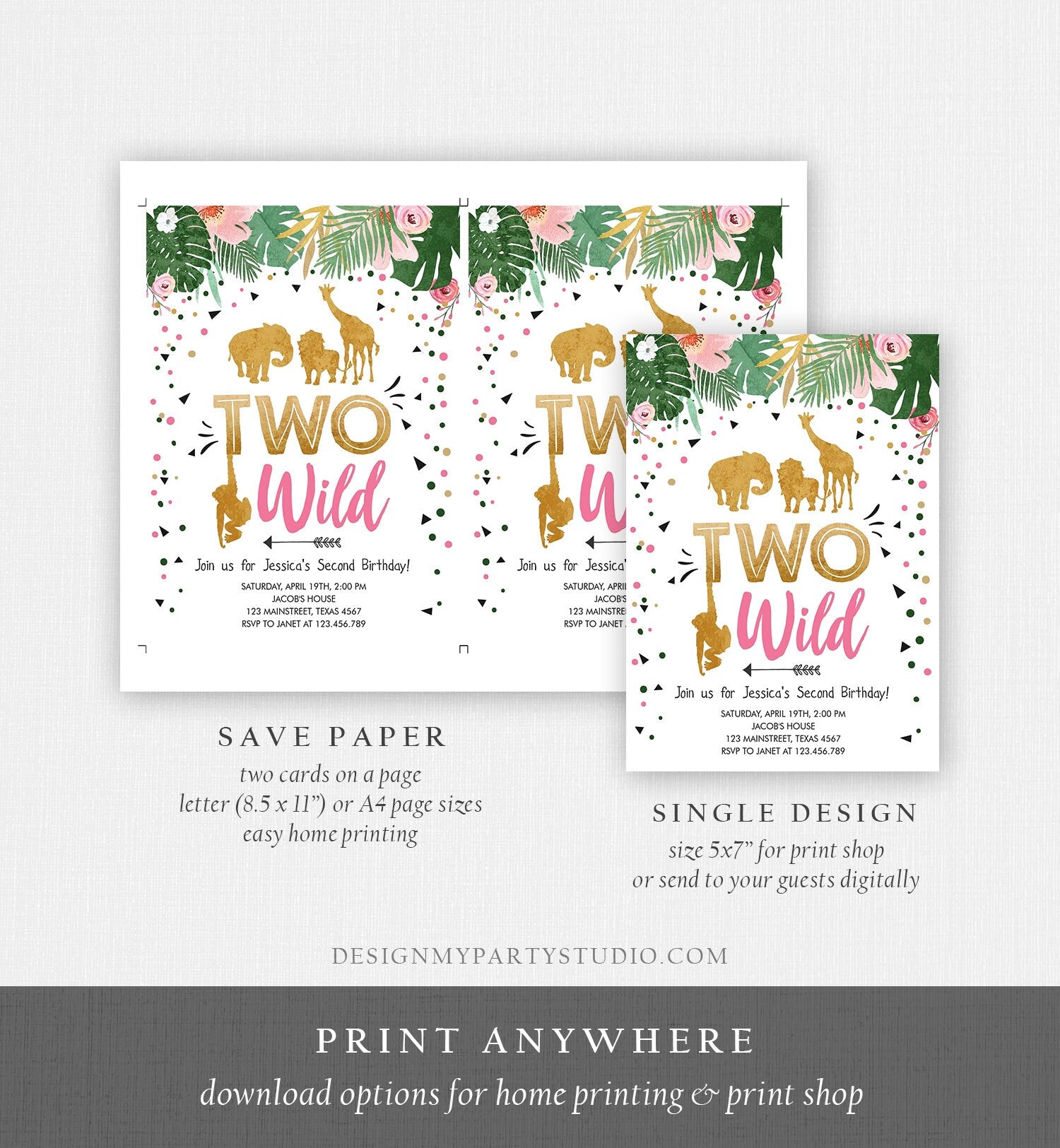 Editable Two Wild Birthday Invitation Safari Animals Jungle Zoo Wild One Party Girl Pink Gold Digital Download Template Printable 0016