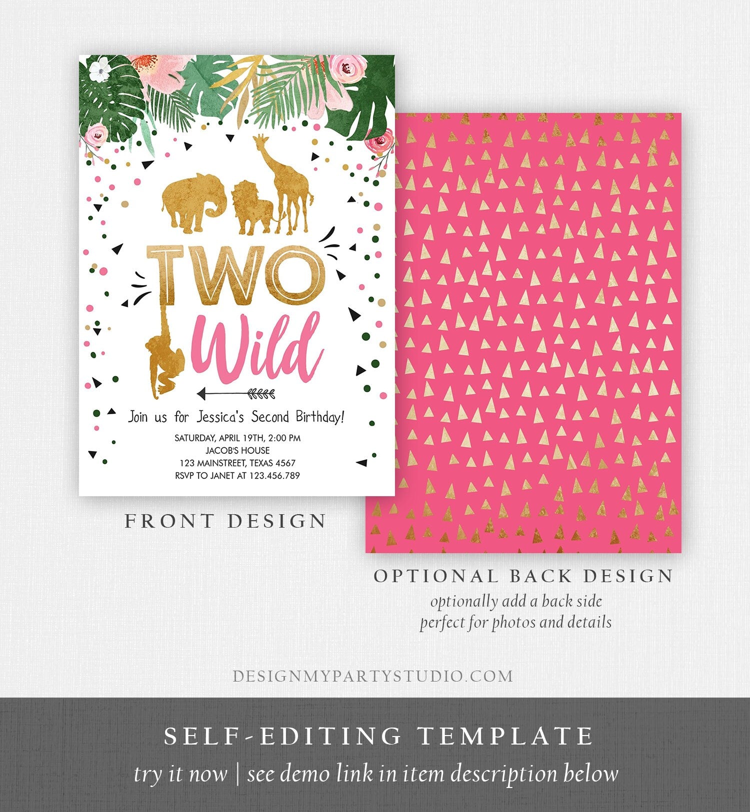 Editable Two Wild Birthday Invitation Safari Animals Jungle Zoo Wild One Party Girl Pink Gold Digital Download Template Printable 0016