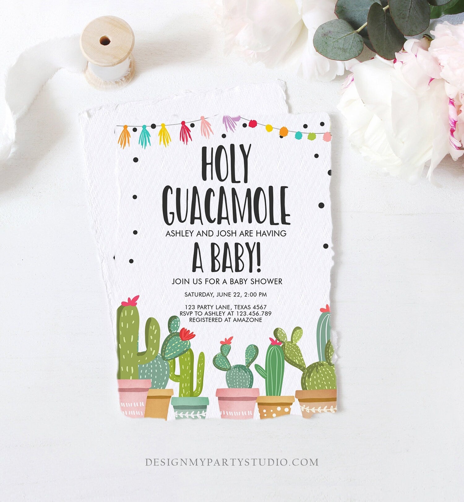 Editable Holy Guacamole Baby Shower Invitation Fiesta Cactus Mexican Taco Succulent Instant Download Printable Corjl Template Digital 0254