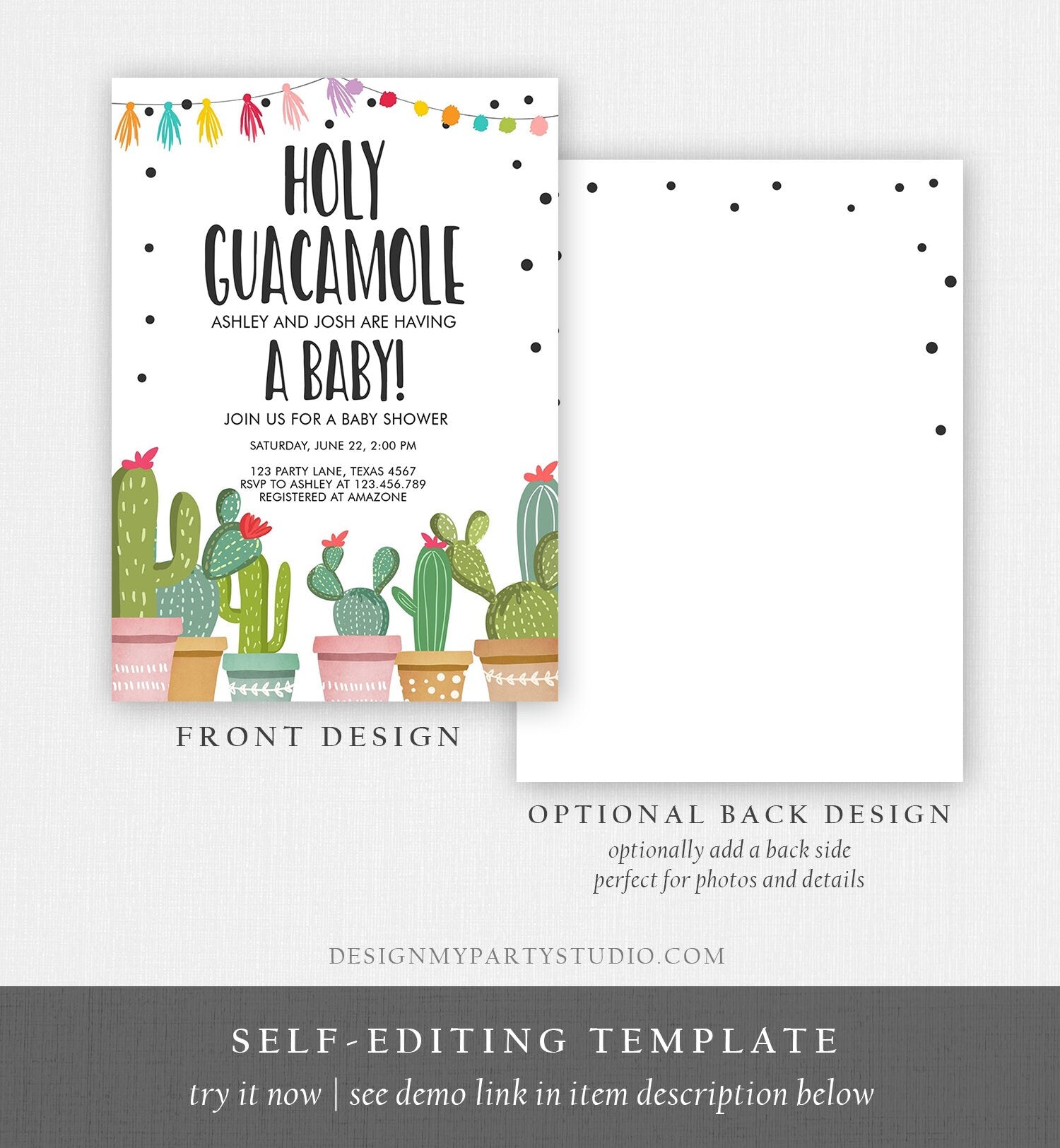 Editable Holy Guacamole Baby Shower Invitation Fiesta Cactus Mexican Taco Succulent Instant Download Printable Corjl Template Digital 0254