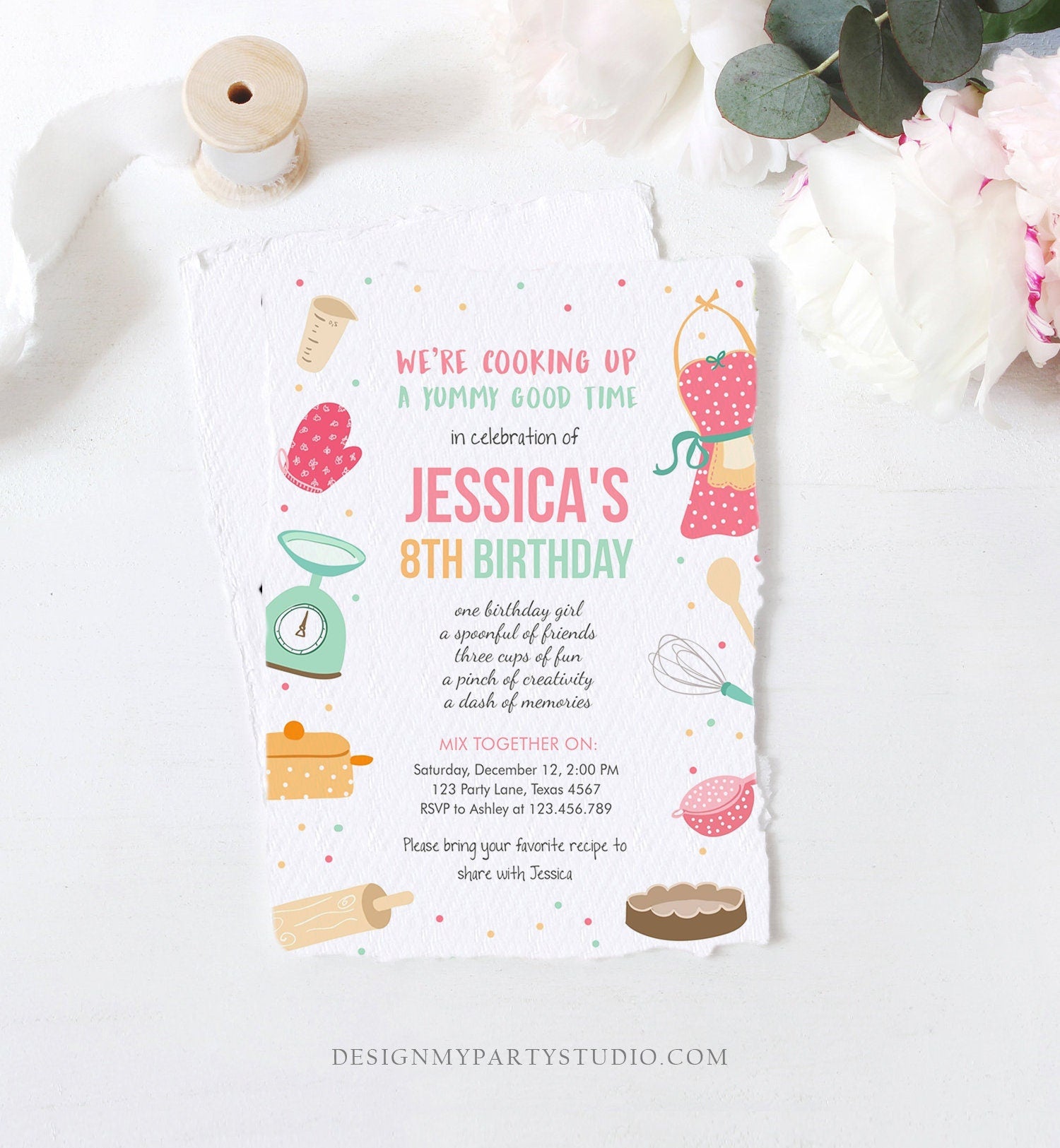 Editable Kids Kitchen Cooking Birthday Invitation Pink Girl Chef Baking Party Cakes Pies Cupcakes Download Printable Corjl Template 0219