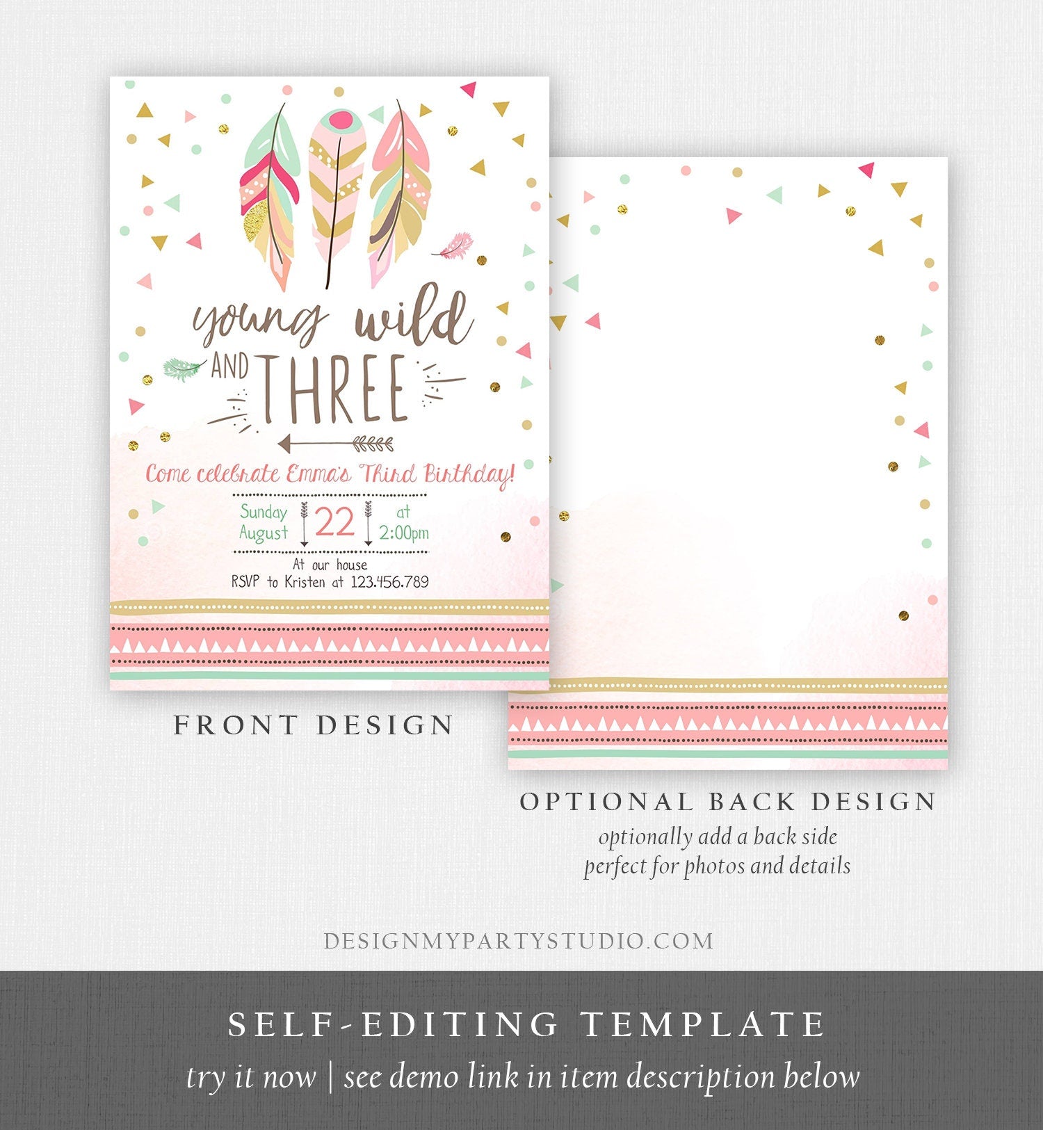 Editable Young Wild and Three Invitation Girl Pink and Gold 3rd Birthday Three Third Boho Digital Download Evite Template Printable 0073