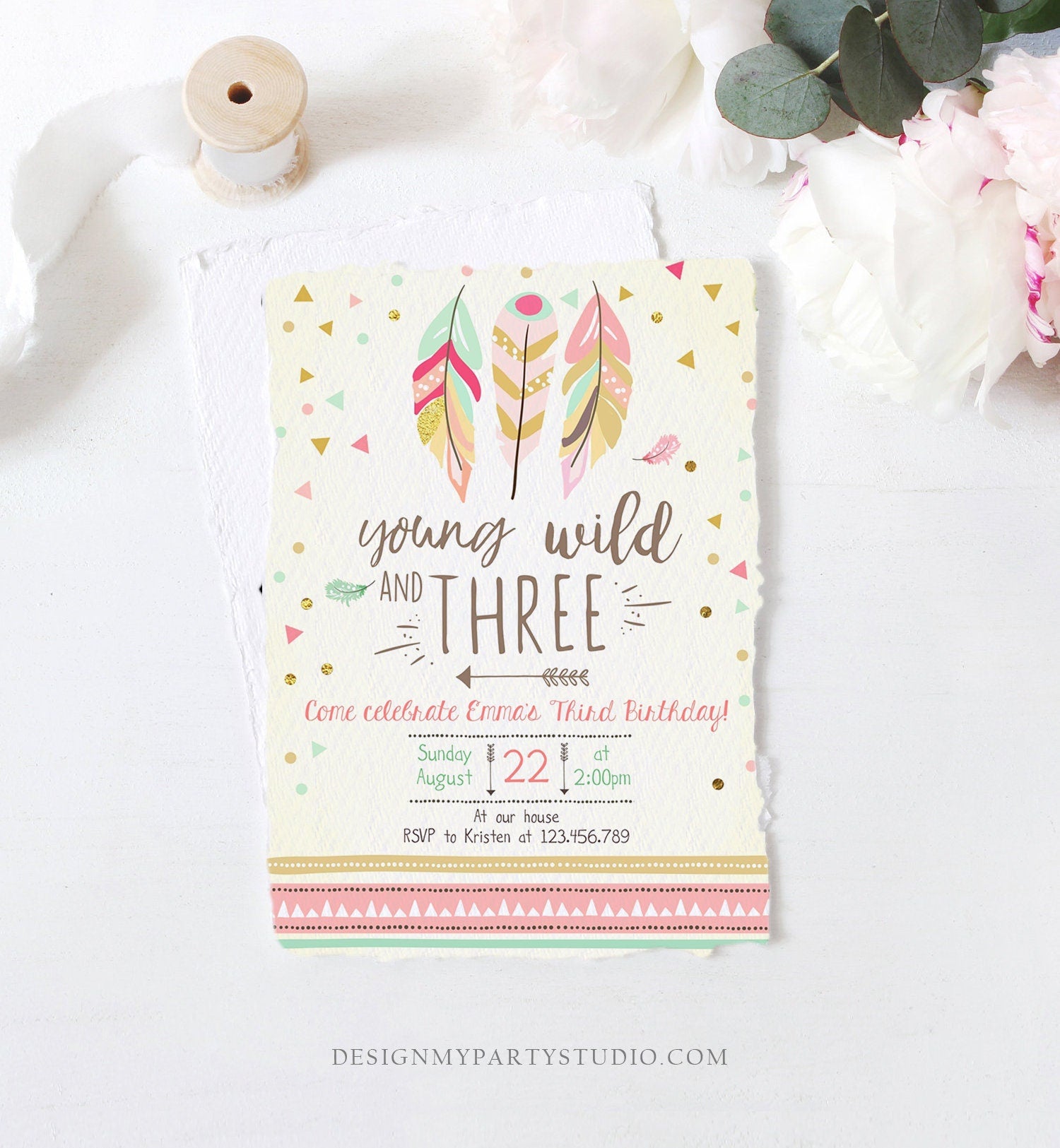 Editable Young Wild and Three Invitation Girl Pink and Gold 3rd Birthday Feathers Boho Download Printable Invite Template Digital Corjl 0073