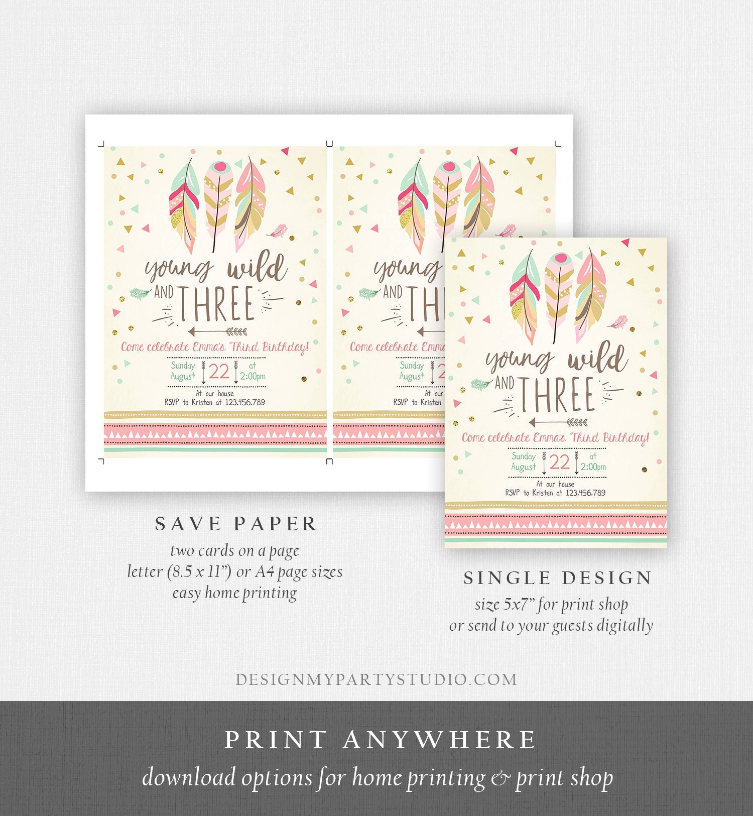 Editable Young Wild and Three Invitation Girl Pink and Gold 3rd Birthday Feathers Boho Download Printable Invite Template Digital Corjl 0073