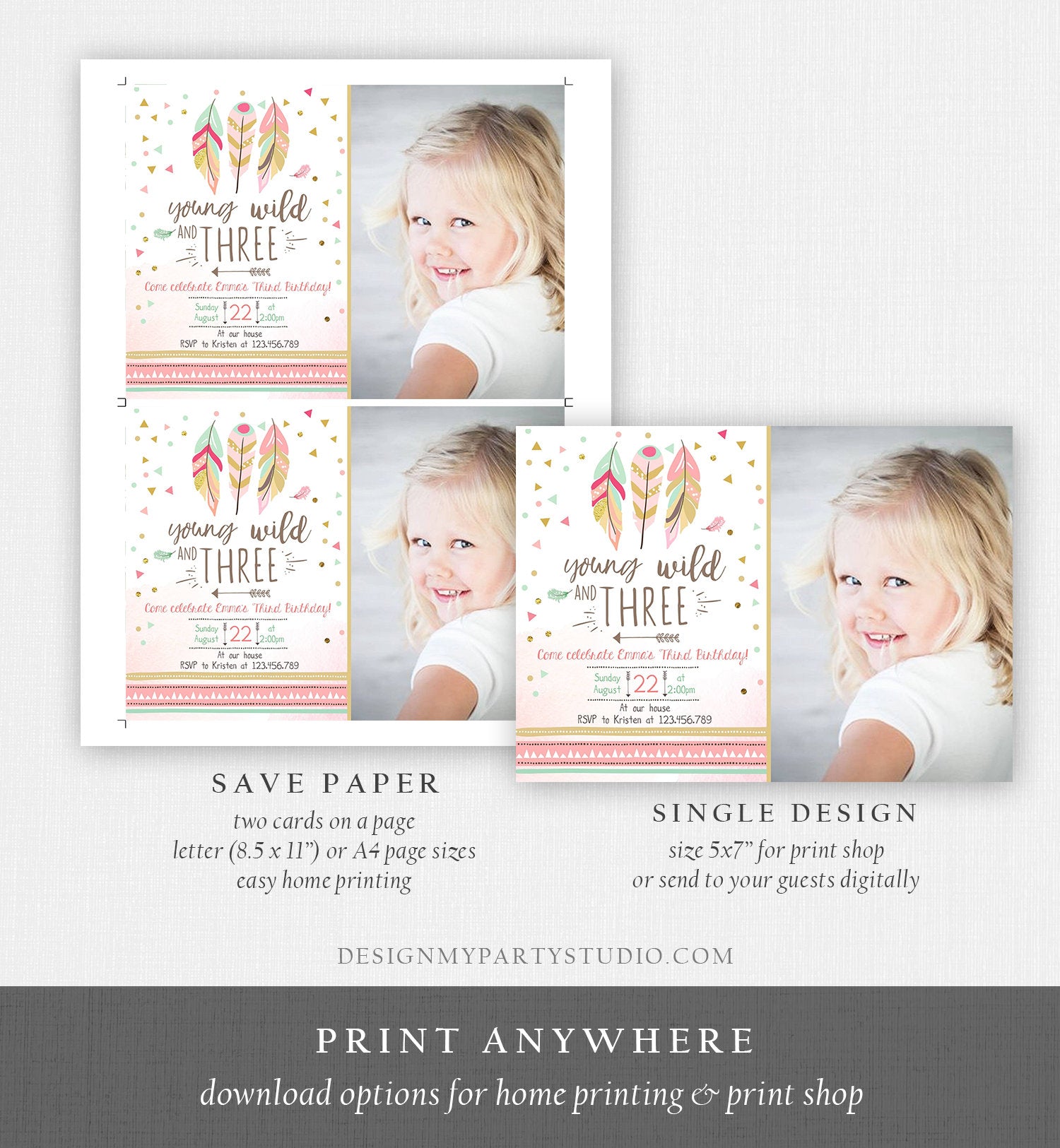 Editable Young Wild and Three Invitation Girl Pink and Gold 3rd Birthday Feathers Boho Digital Download Evite Template Printable 0073