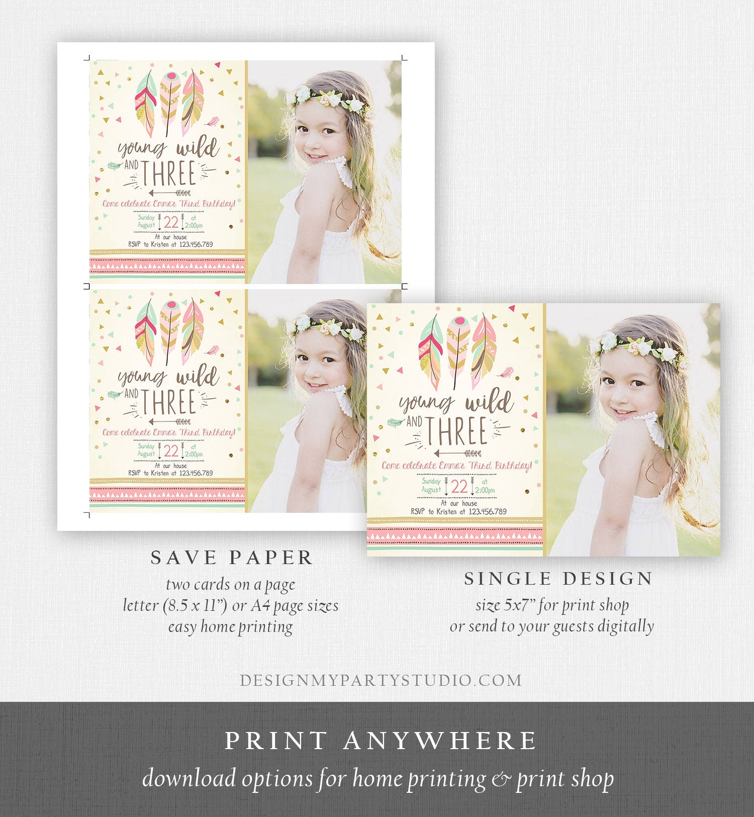 Editable Young Wild and Three Invitation Girl Pink and Gold 3rd Birthday Feathers Boho Download Printable Invite Template Digital Corjl 0073