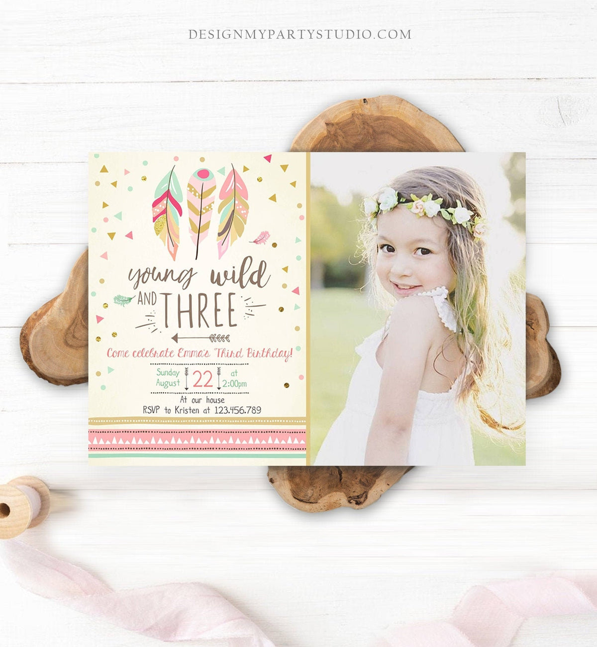 Editable Young Wild and Three Invitation Girl Pink and Gold 3rd Birthday Feathers Boho Download Printable Invite Template Digital Corjl 0073