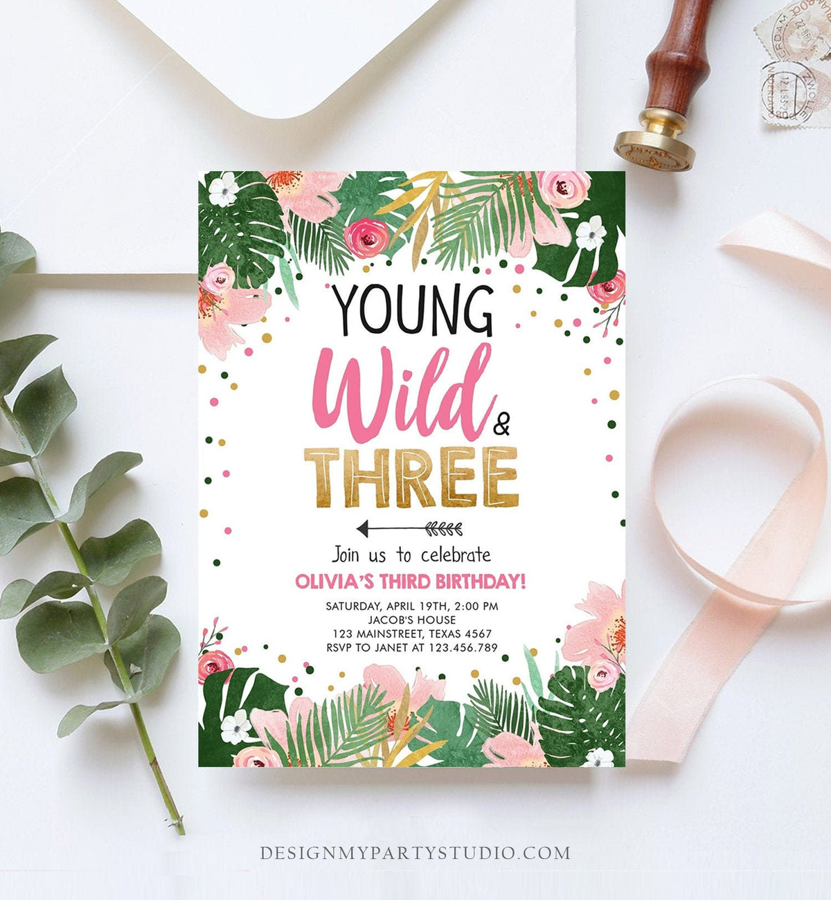 Editable Young Wild and Three Birthday Invitation Floral Pink Gold Party Safari Pink Tropical Flowers Download Evite Template Printable 0332