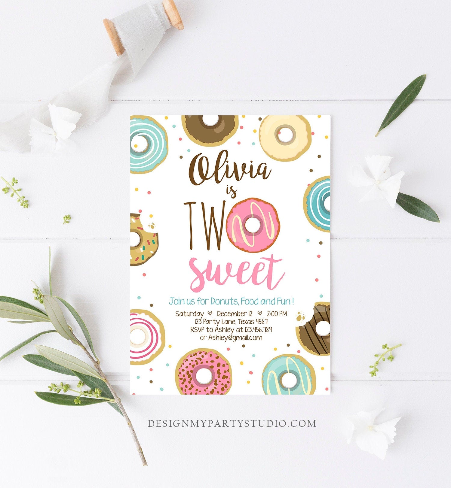 Editable Two Sweet Donut Birthday Invitation Second Birthday Girl Pink Doughnut Party 2nd Download Printable Corjl Template Digital 0050