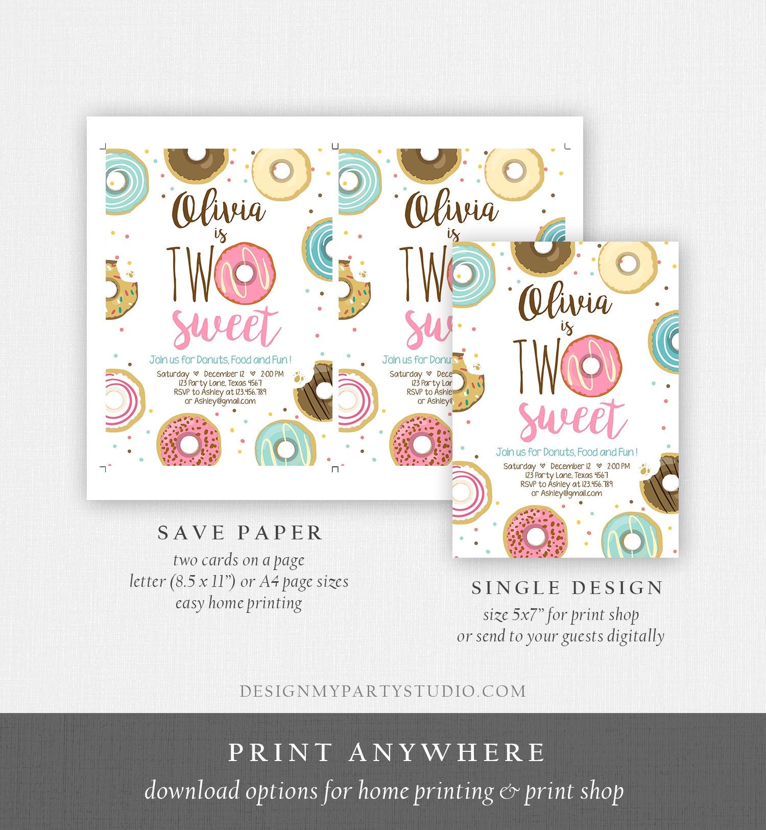 Editable Two Sweet Donut Birthday Invitation Second Birthday Girl Pink Doughnut Party 2nd Download Printable Corjl Template Digital 0050