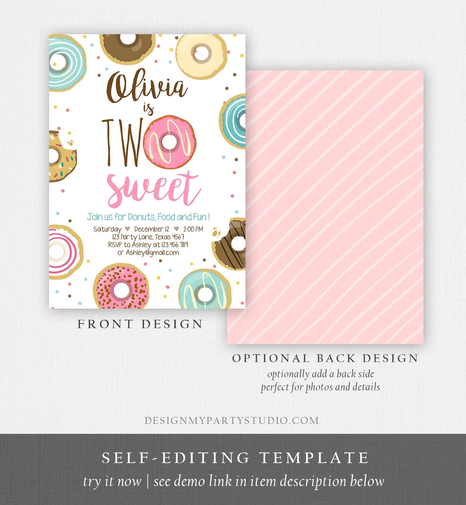 Editable Two Sweet Donut Birthday Invitation Second Birthday Girl Pink Doughnut Party 2nd Download Printable Corjl Template Digital 0050