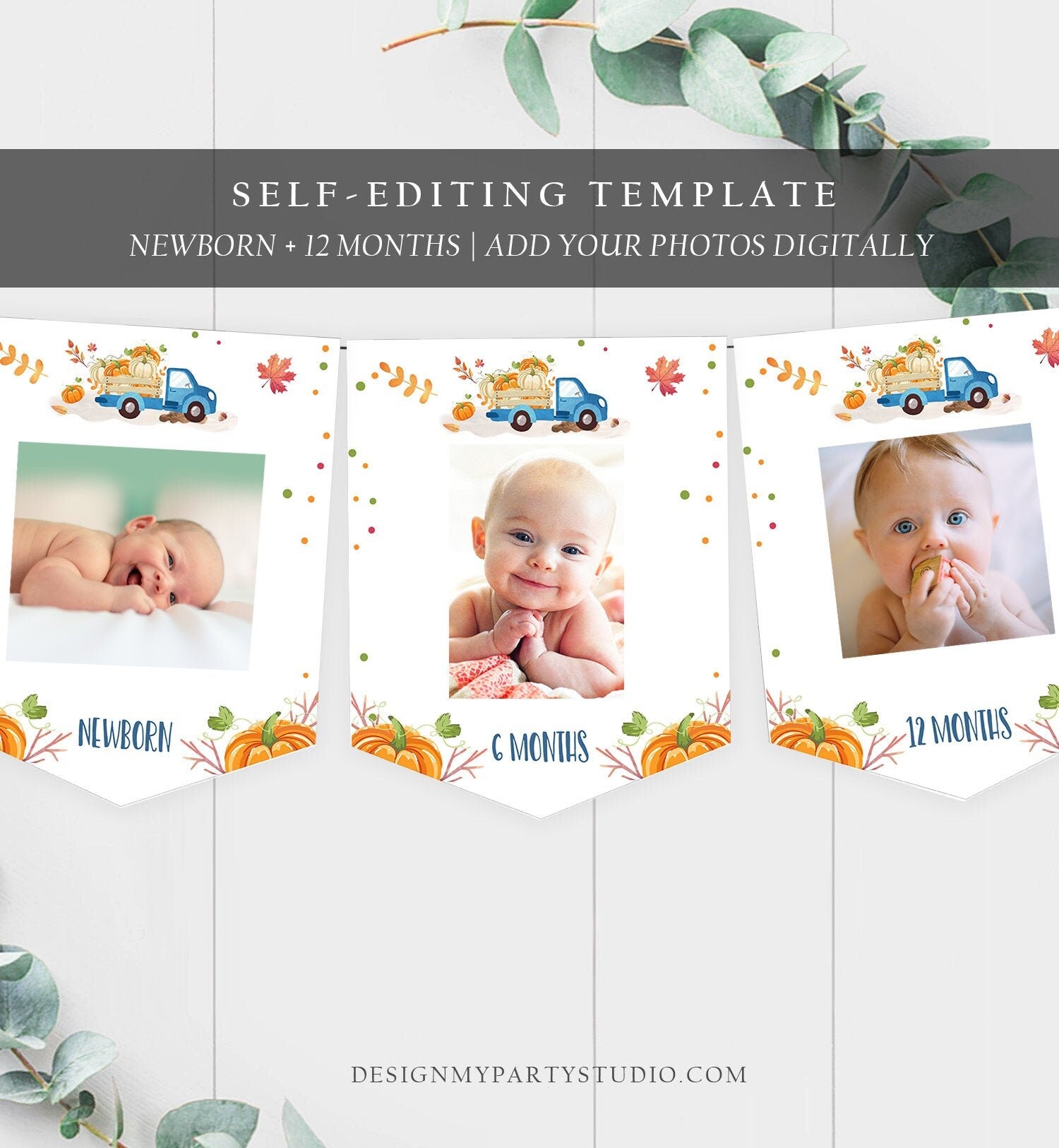 Editable Pumpkin First Birthday Banner Monthly Photo Blue Banner Pumpkin Truck Banner Pumpkin Birthday Fall Autumn PRINTABLE Corjl 0153