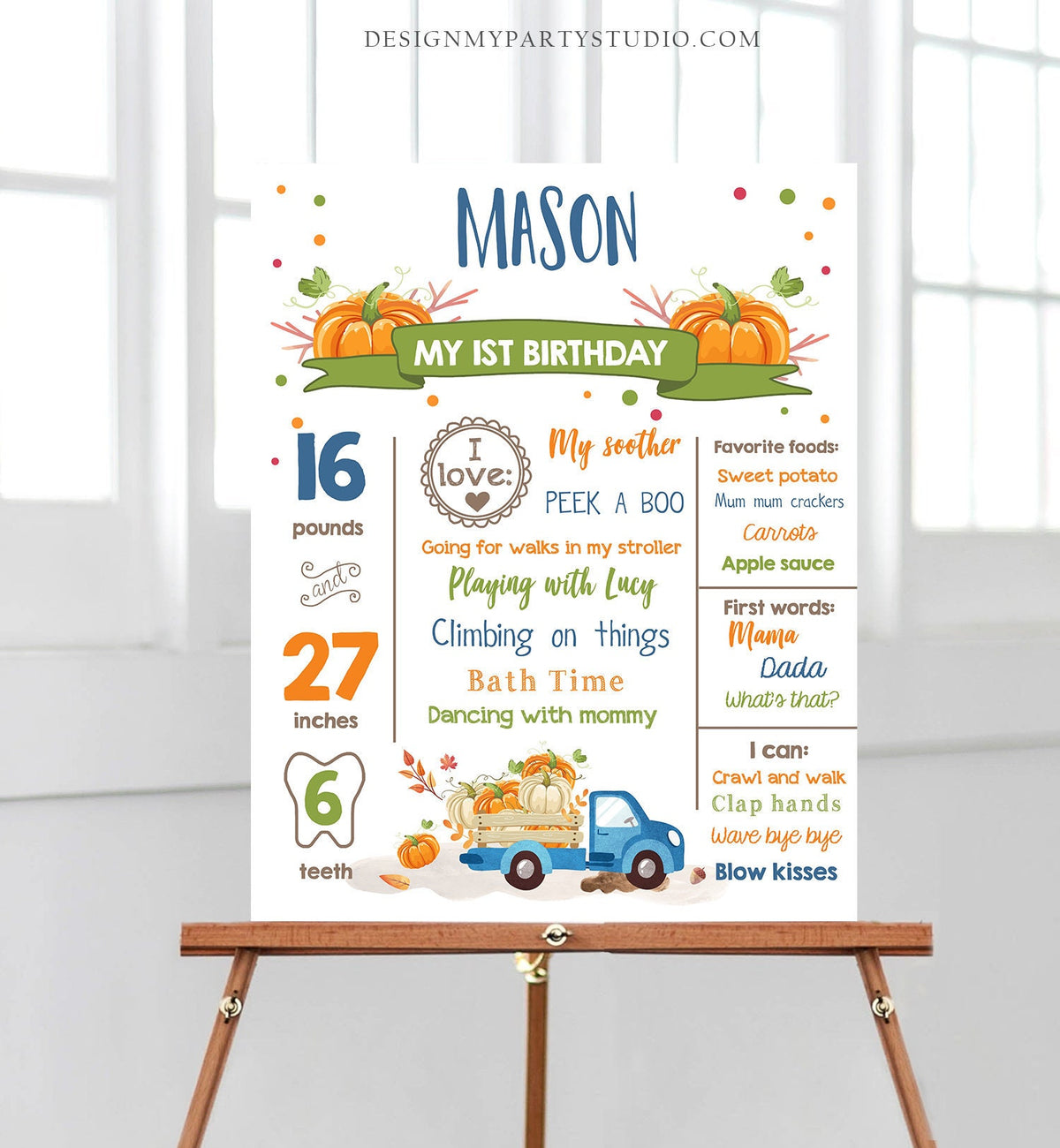 Editable Pumpkin Birthday Milestones Sign Pumpkin Truck Birthday First Birthday Boy Fall Blue Autumn Download Corjl Template Printable 0153