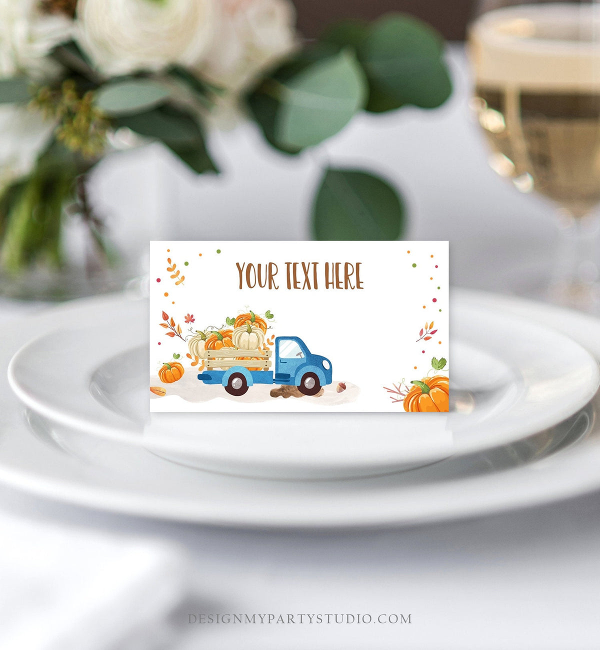 Editable Pumpkin Food Labels Pumpkin Truck Birthday Place Card Fall Harvest Autumn Tent Card Shower Blue Boy Corjl Printable Template 0153