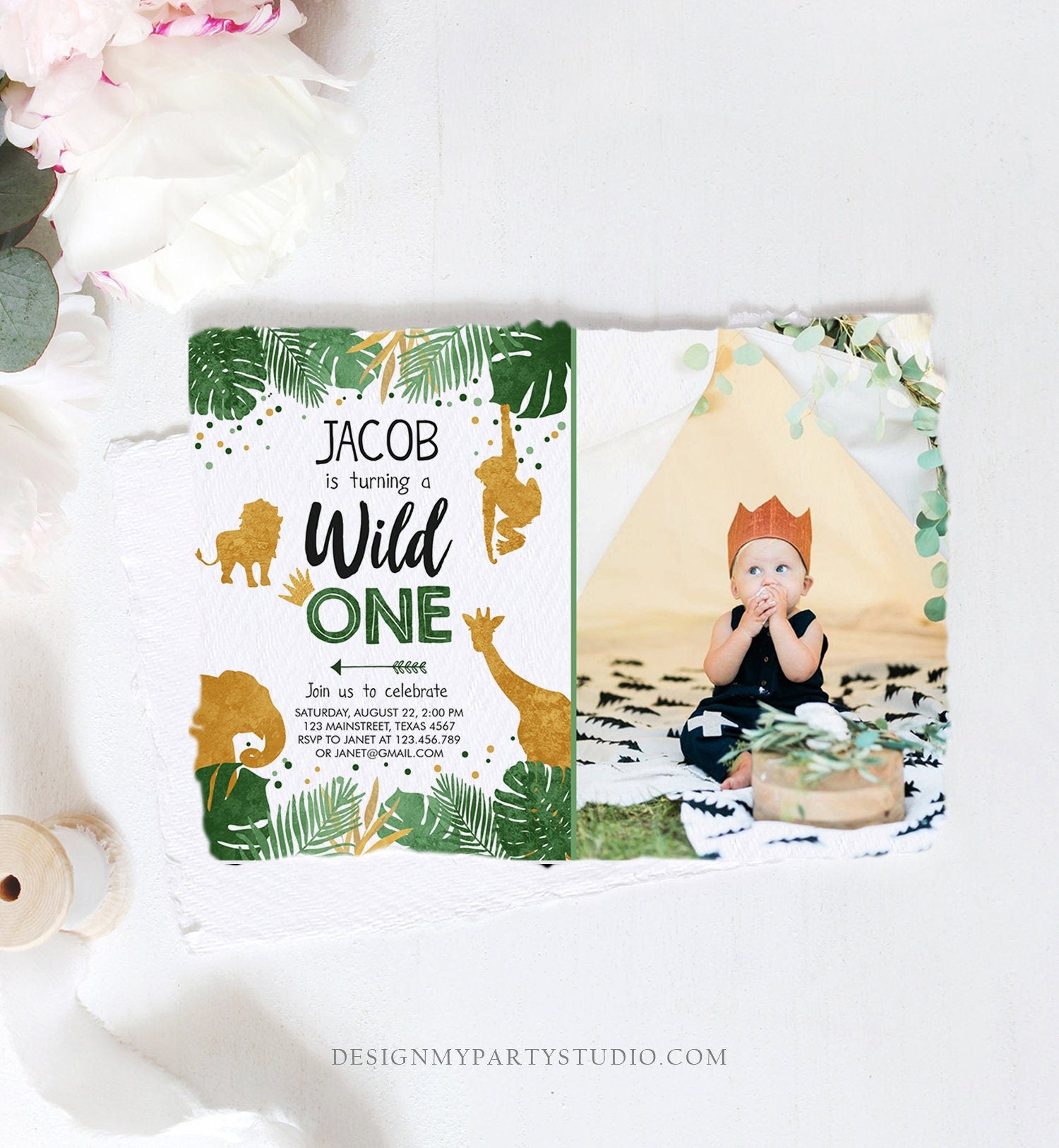 Editable Wild One Birthday Invitation Safari Animals Jungle Zoo Animals Black Gold First Birthday 1st Download Printable Corjl Template 0016