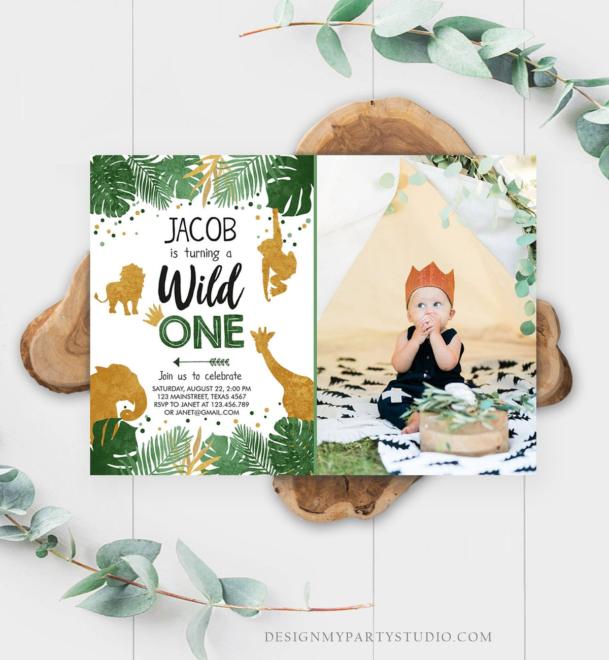 Editable Wild One Birthday Invitation Safari Animals Jungle Zoo Animals Black Gold First Birthday 1st Download Printable Corjl Template 0016