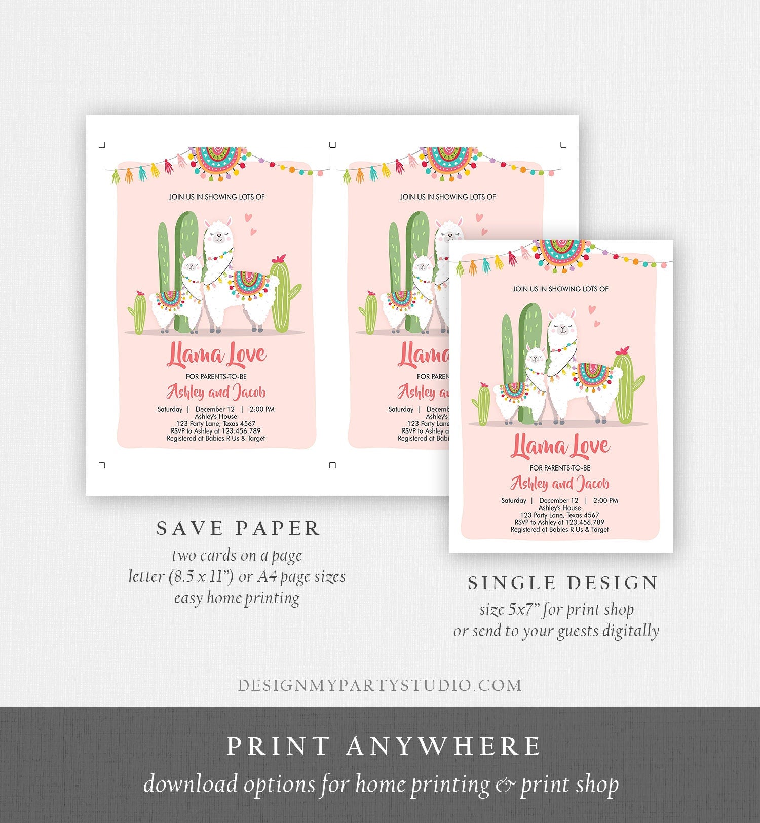 Editable Llama Baby Shower Invitation Llama Love Fiesta Cactus Mexican Couples Coed Shower Pink Girl Download Corjl Template Printable 0079