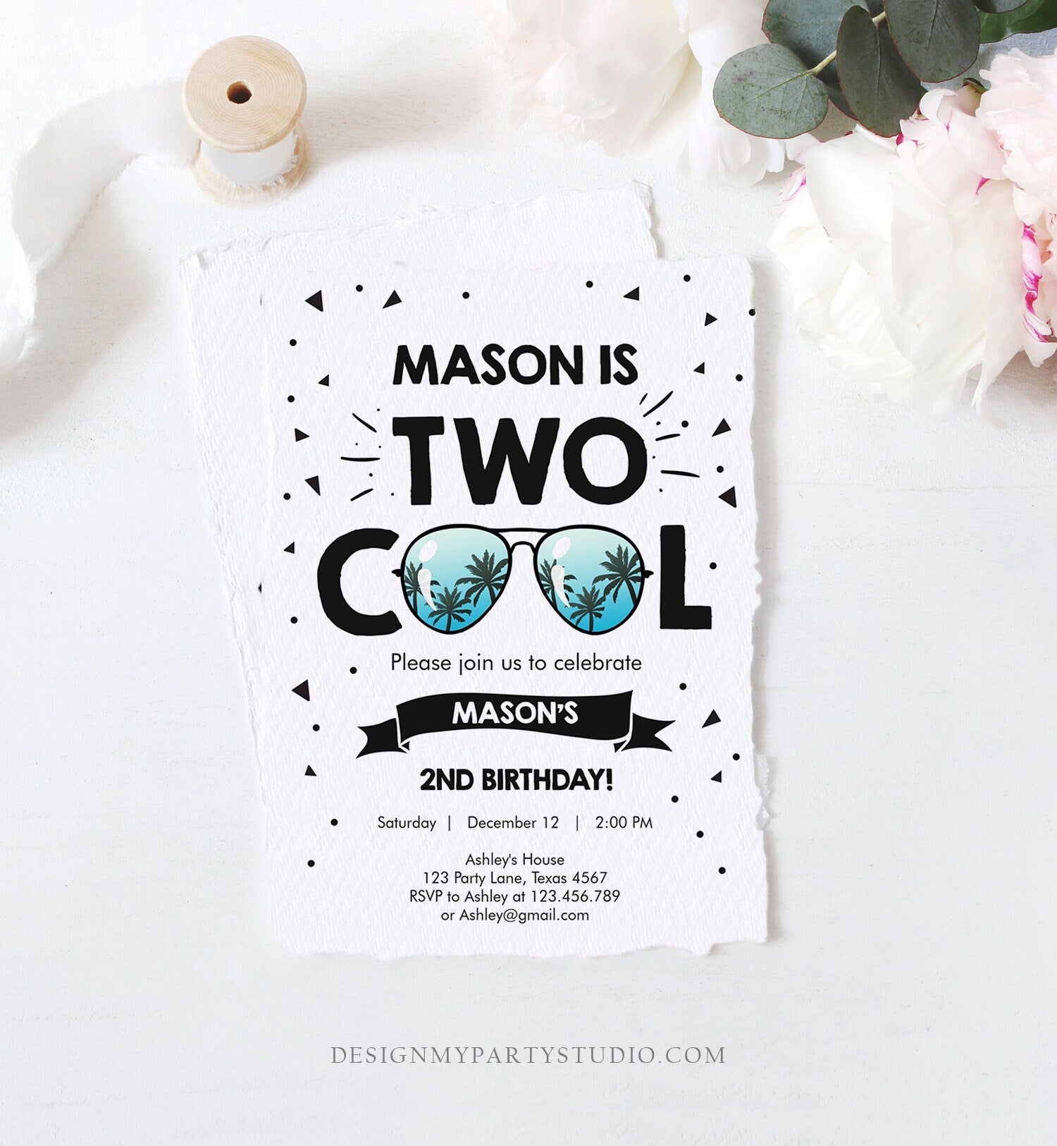 Editable Two Cool Birthday Invitation Boy Second Birthday Party 2nd I'm this Many I'm Two Cool Sunglasses Palm Corjl Template Printable 0136