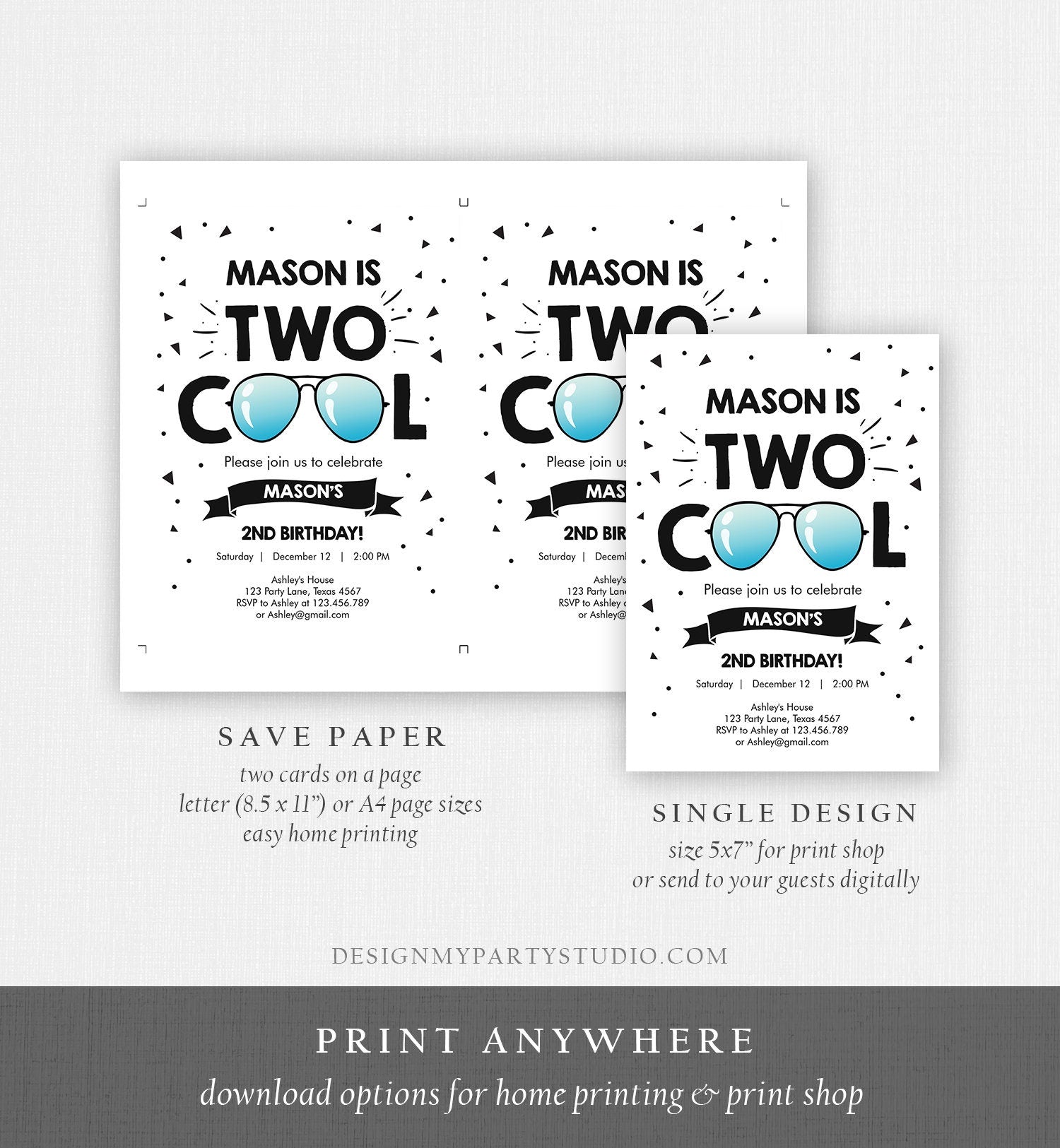 Editable Two Cool Birthday Invitation Boy Second Birthday Party 2nd I'm this Many I'm Two Cool Digital Download Template Printable 0136