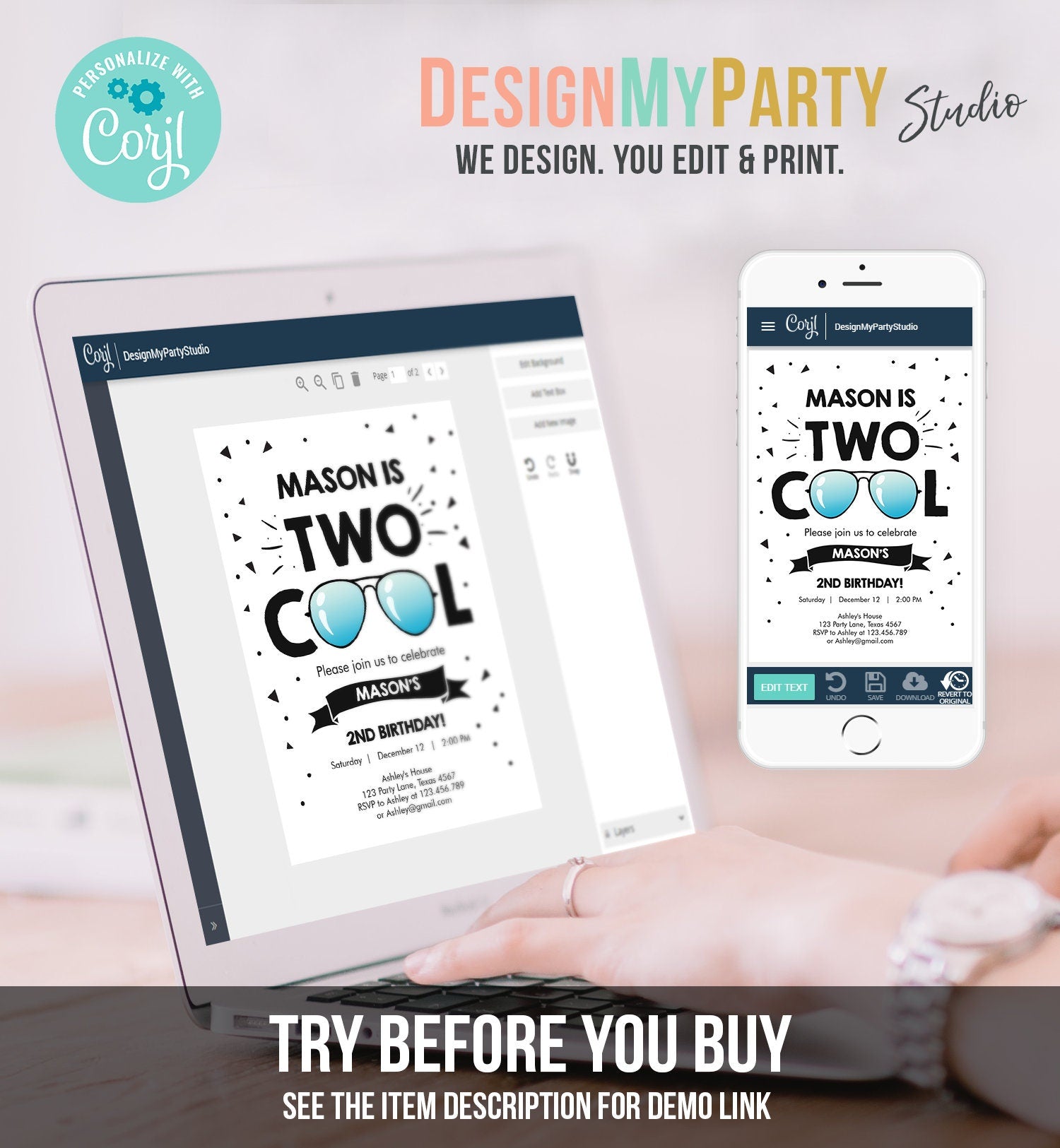 Editable Two Cool Birthday Invitation Boy Second Birthday Party 2nd I'm this Many I'm Two Cool Digital Download Template Printable 0136