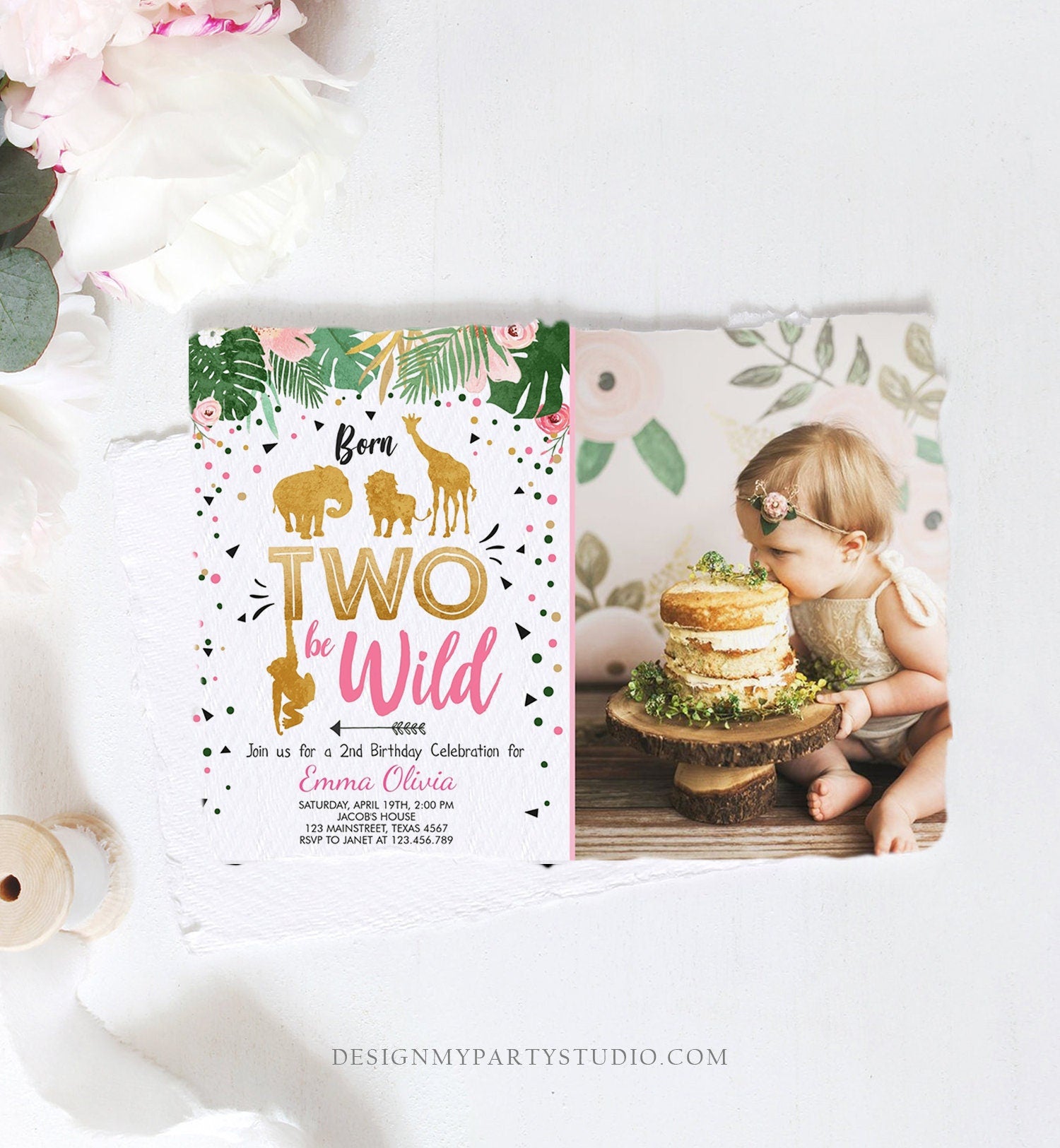 Editable Born Two Be Wild Birthday Invitation Girl Pink Gold Safari Animals Jungle Zoo Second Birthday 2nd Printable Corjl Template 0016