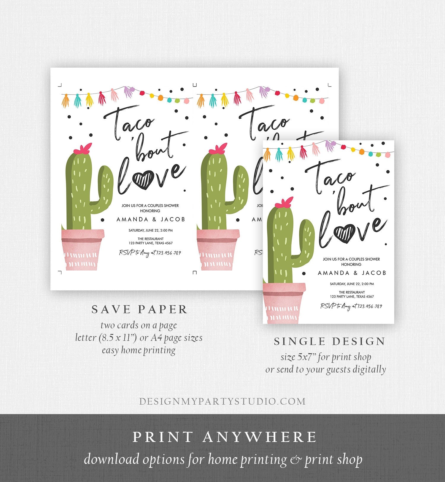 Editable Taco Bout Love Fiesta Couples Shower Invitation Cactus Succulent Green Pink Confetti Digital Download Evite Template Printable 0254