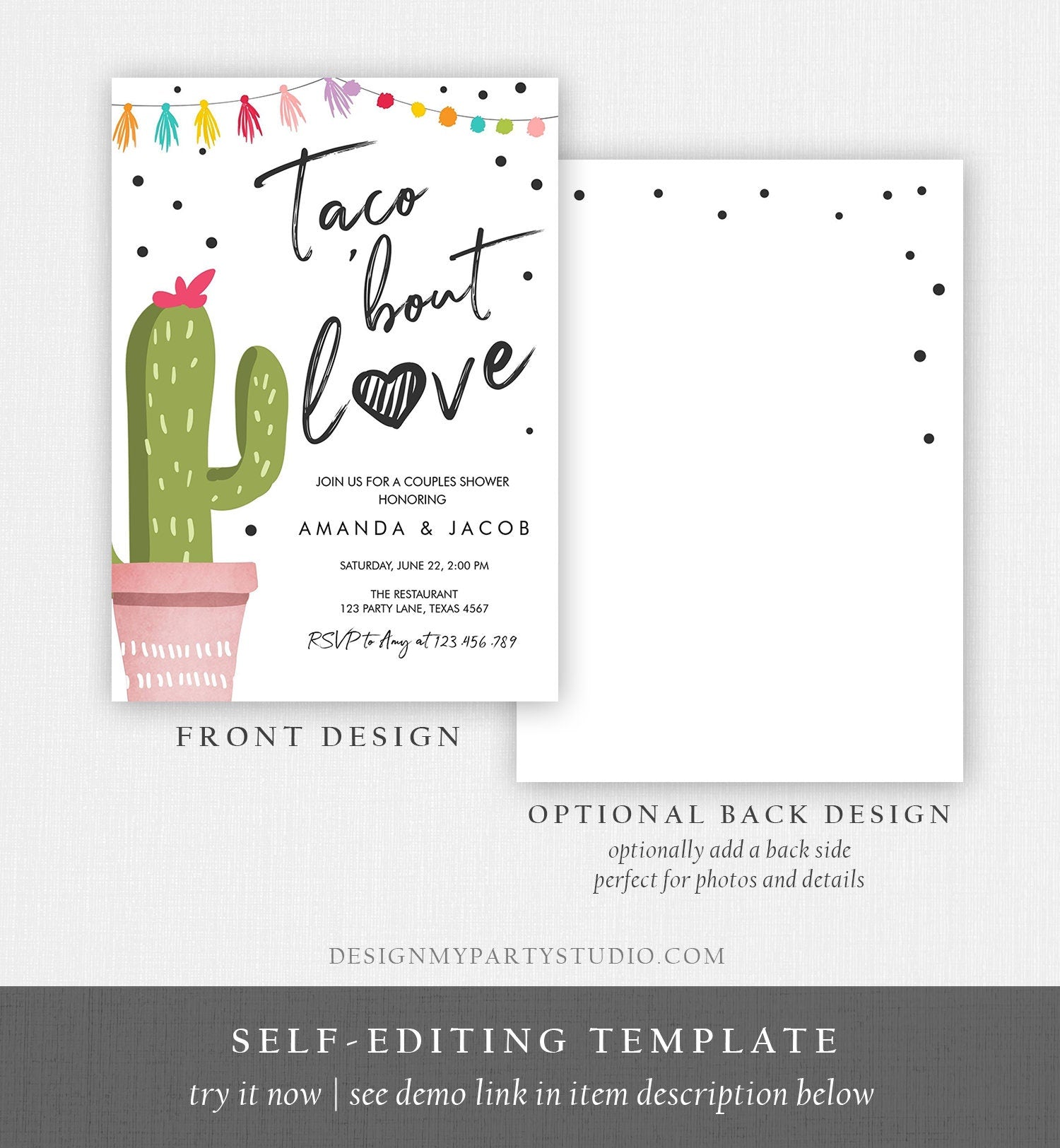 Editable Taco Bout Love Fiesta Couples Shower Invitation Cactus Succulent Green Pink Confetti Digital Download Evite Template Printable 0254