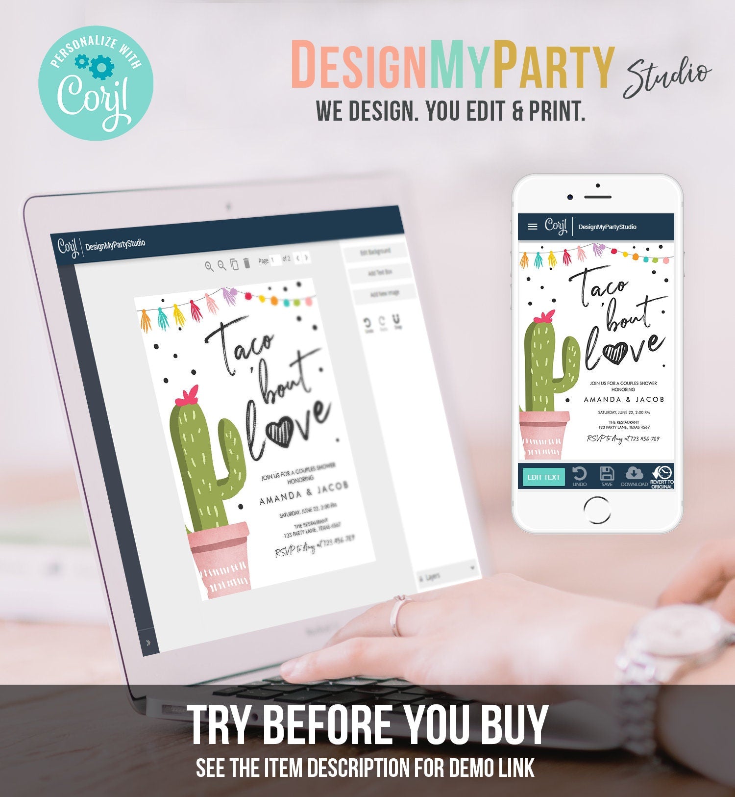 Editable Taco Bout Love Fiesta Couples Shower Invitation Cactus Succulent Green Pink Confetti Digital Download Evite Template Printable 0254