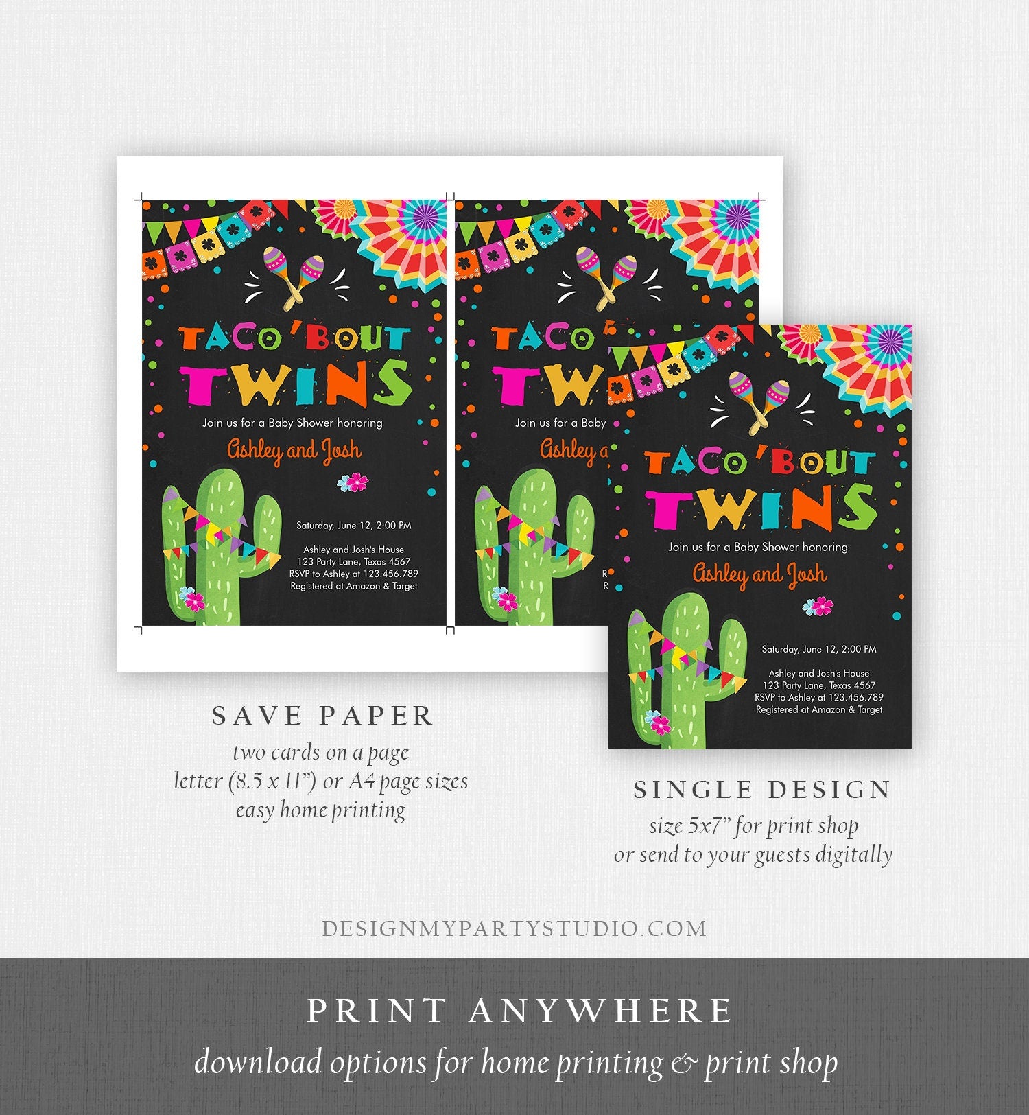 Editable Taco Bout Twins Baby Shower Invitation Cactus Chalk Mexican Fiesta Couples Shower Instant Download Printable Corjl Template 0045