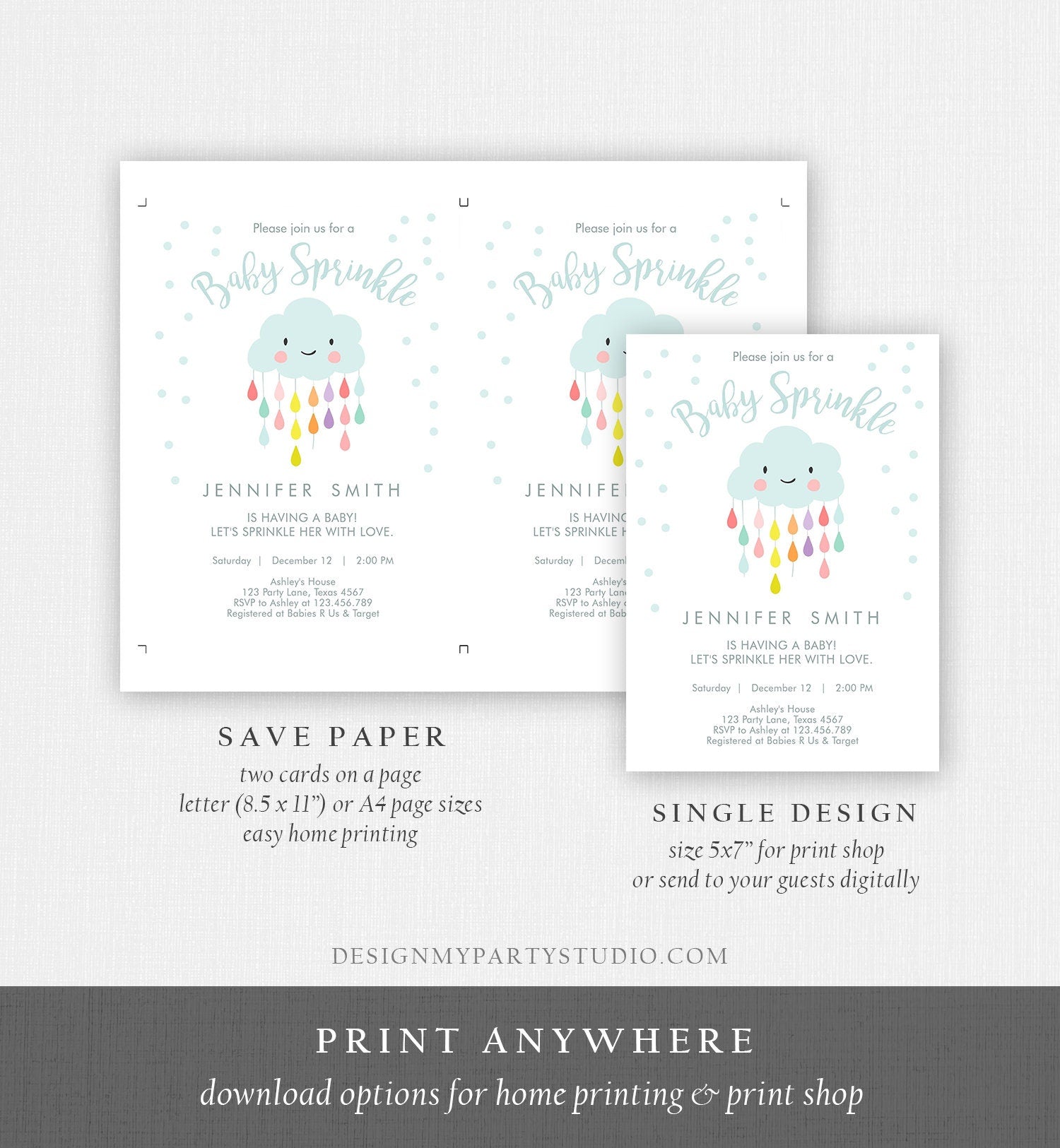 Editable Cloud Baby Sprinkle Invitation Raindrop Sprinkle with Love Rain Drops Neutral Digital Download Corjl Template Printable 0036