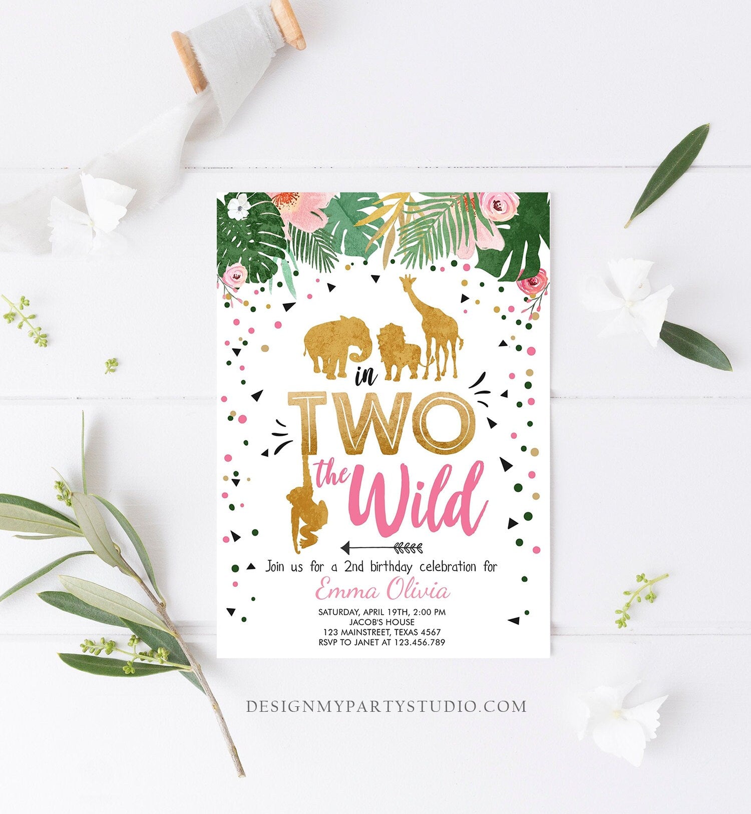 Editable In Two the Wild Birthday Invitation Girl Pink Gold Safari Animals Jungle Second Birthday 2nd Download Printable Corjl Template 0016