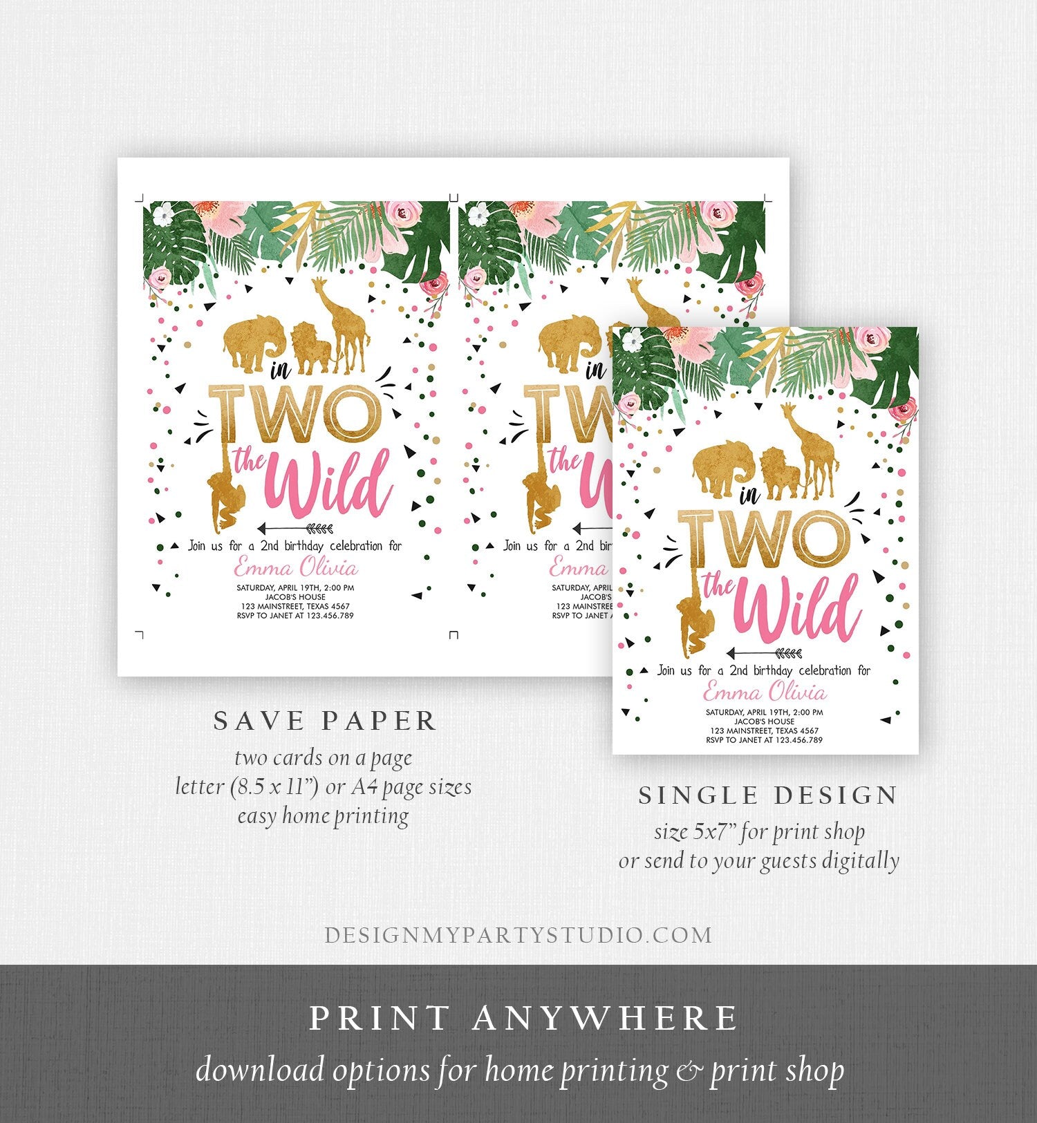 Editable In Two the Wild Birthday Invitation Girl Pink Gold Safari Animals Jungle Second Birthday 2nd Download Printable Corjl Template 0016