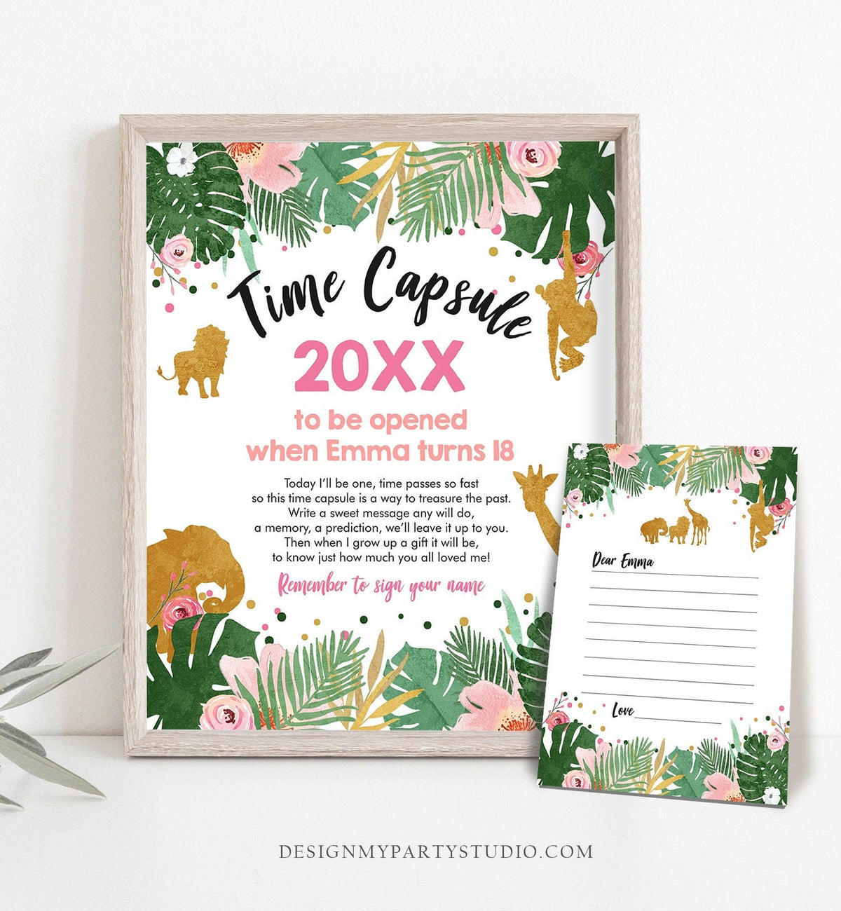 Editable Safari Animals Time Capsule Wild One First Birthday Party Pink Gold Black Zoo Jungle Download Digital Template Printable 0016