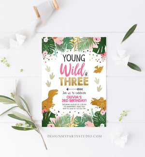 Editable Young Wild and Three Dinosaur Birthday Invitation Dinosaur Party Girl Pink Gold Third Birthday 3rd Corjl Template Digital 0146