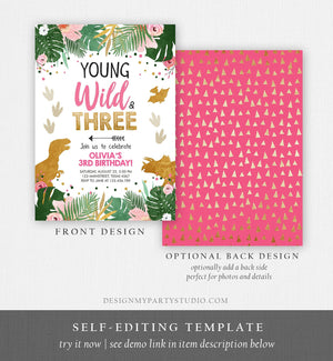 Editable Young Wild and Three Dinosaur Birthday Invitation Dinosaur Party Girl Pink Gold Third Birthday 3rd Corjl Template Digital 0146