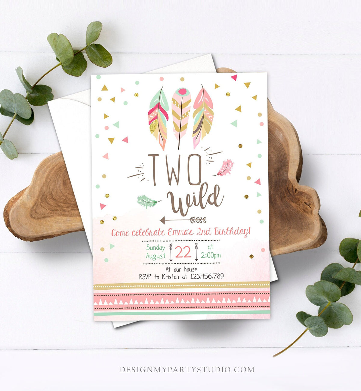 Editable Two Wild Birthday Invitation Feathers Tribal Girl Pink Boho Arrow Coral Mint Instant Download Printable Corjl Template Digital 0073